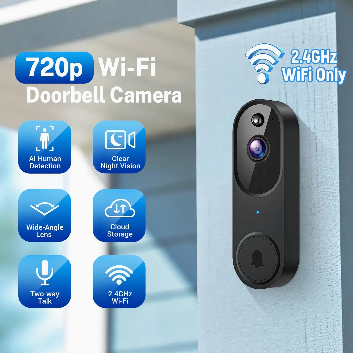Videocitofono wireless Wi-Fi con rilevamento del movimento AI, audio a 2 vie, visione notturna, archiviazione cloud, solo Wi-Fi a 2,4 GHz, alimentato a batteria