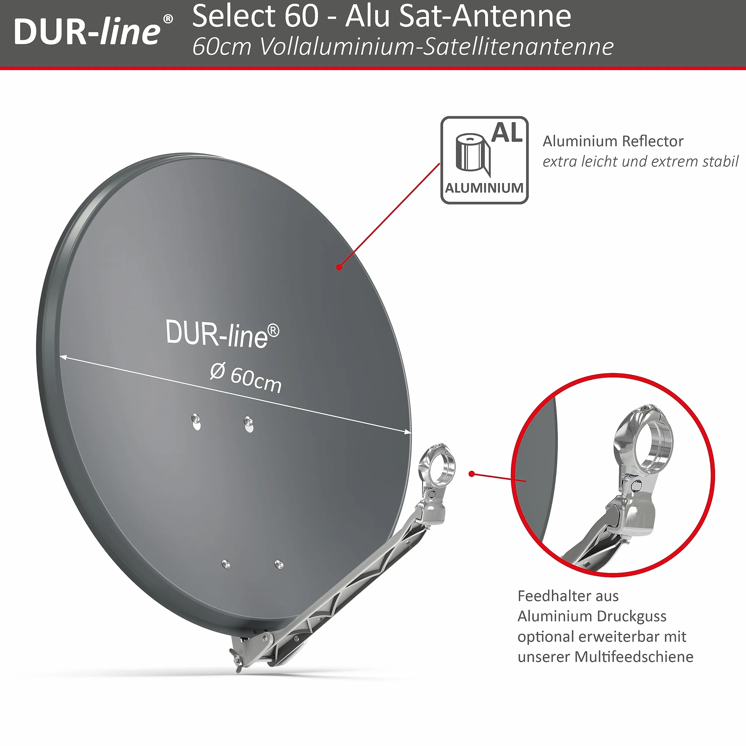 DUR-line Set da 4 partecipanti – Impianto satellitare in alluminio di alta qualità – Select 60 cm/65 cm specchio/ciotola antracite + Quad LNB – per 4 ricevitori/TV [Tecnologia all'avanguardia, DVB-S2,