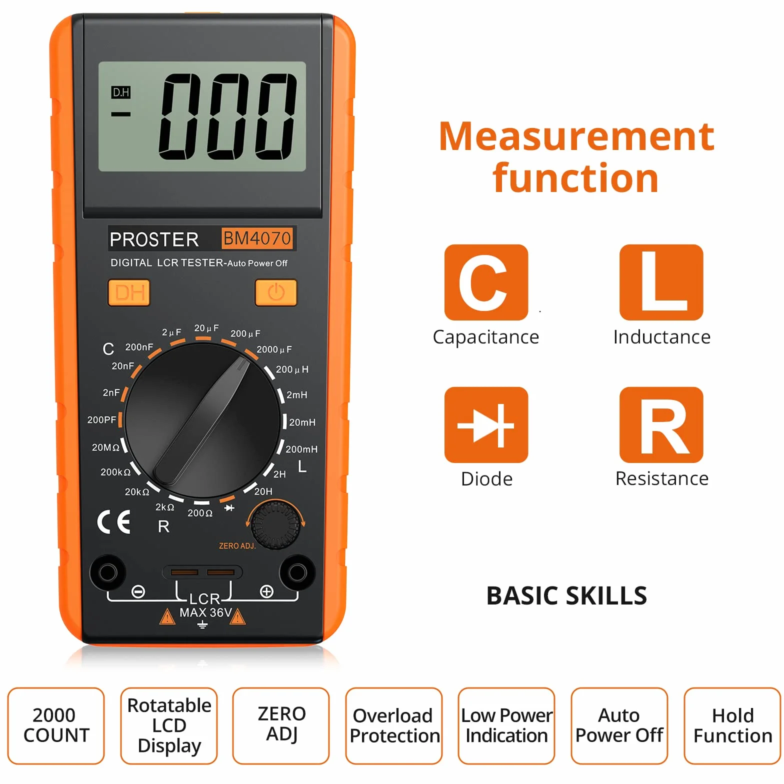 Proster LCR Meter LCD Tester Capacità Induttanza Resistenza Misuratore di Autoscarica con Display di Sovraoscillazione - Arancione
