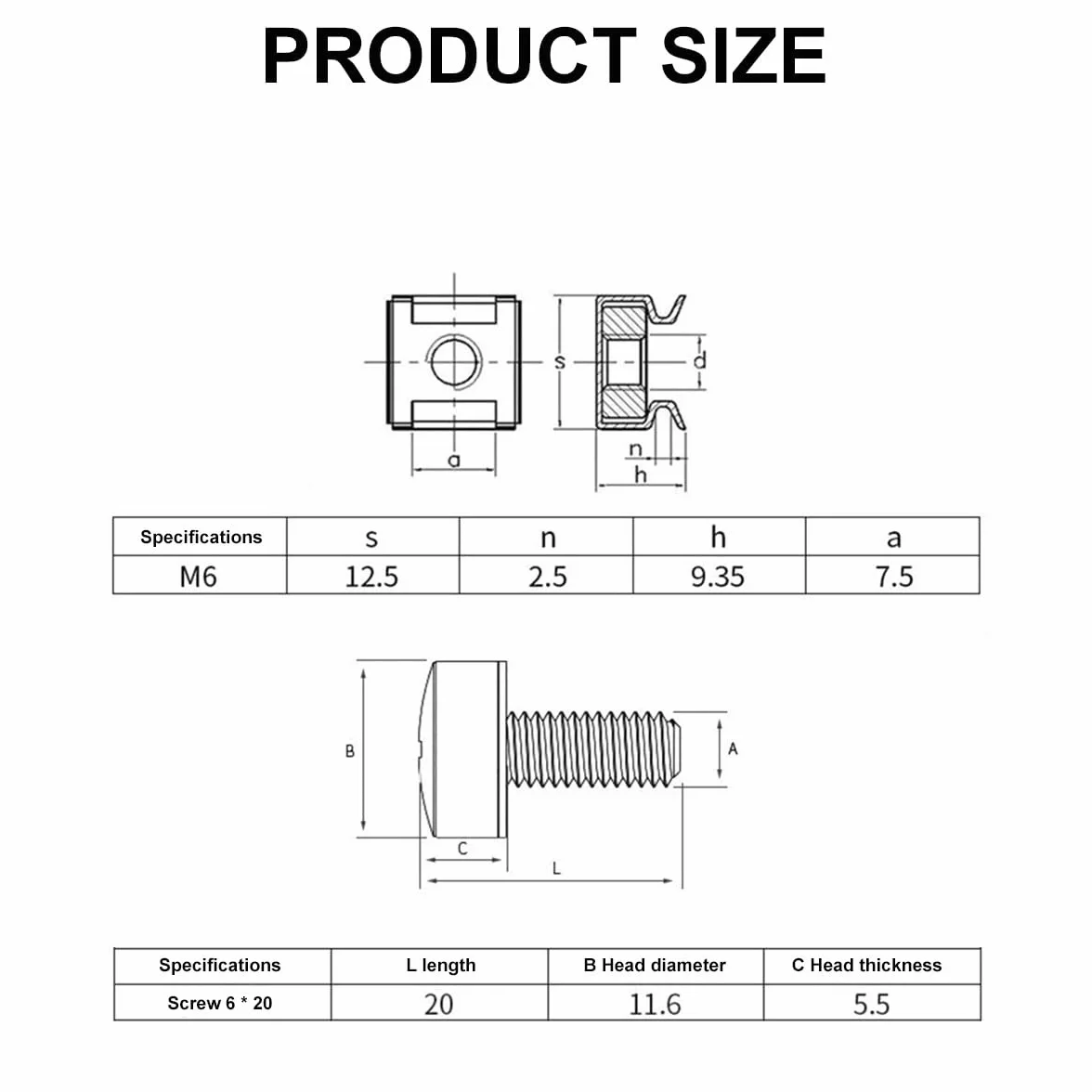 Dadi a Gabbia e Viti M6 per Montaggio su Rack - Set 20 Pezzi