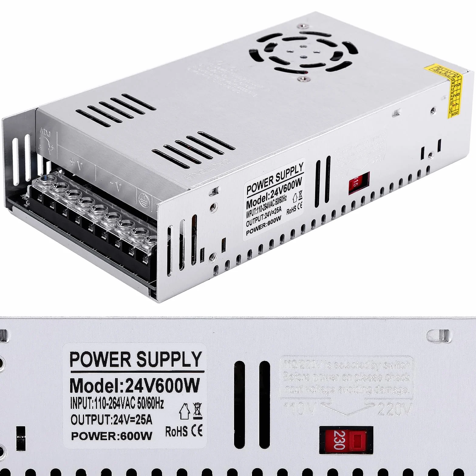 Alimentatore switching regolabile universale, 24 V, 25 A, 600 W, DC, adattatore LED, convertitore, trasformatore, adattatore per strisce LED, CCTV, progetto computer, radio, paesaggio