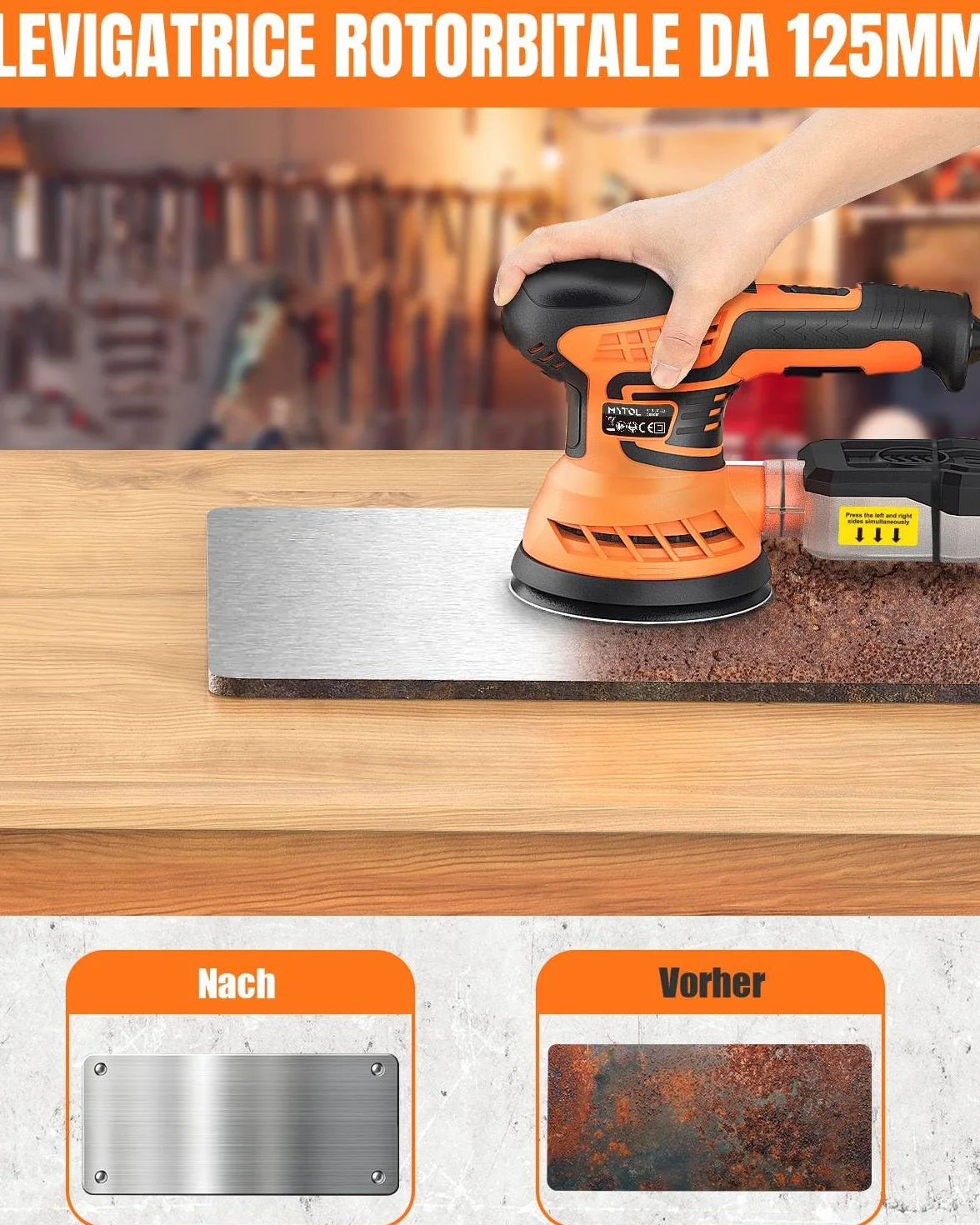 MYTOL 350W Levigatrice orbitale,7 velocità variabili,14 pezzi di carta vetrata(2 vetrata senza polvere)e raccoglitore di polvere,6000-13000U/min,125MM Levigatrice per Legno per la levigatura del legno