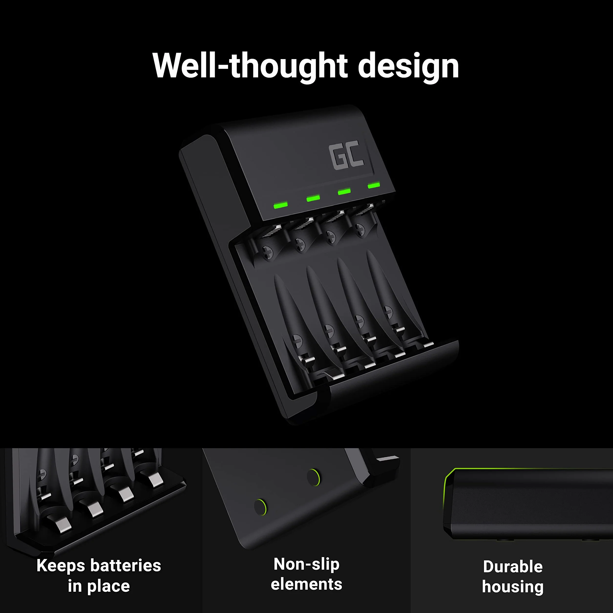 Green Cell VitalCharger - Caricatore + 2 Batterie AA 2000 mAh + 2 Batterie AAA 800 mAh per NI-MH AA AAA R6 R03 Mignon con Micro USB-C. Sistema di Ricarica a 4 Canali - Ricarica da 1 a 4 AA o AAA, LED