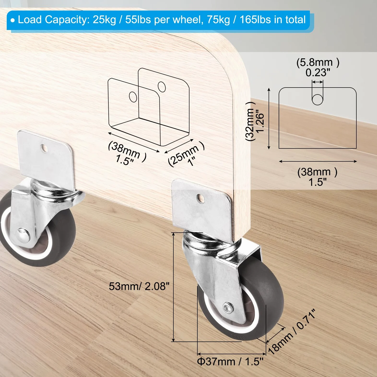 1.5" Ruote girevoli con 1" U Staffa, 4 Set Muto Spostamento Girevole Ruota Totale Carico 165lbs per Armadio Mobili Table(2 con Freno, 2 Senza)