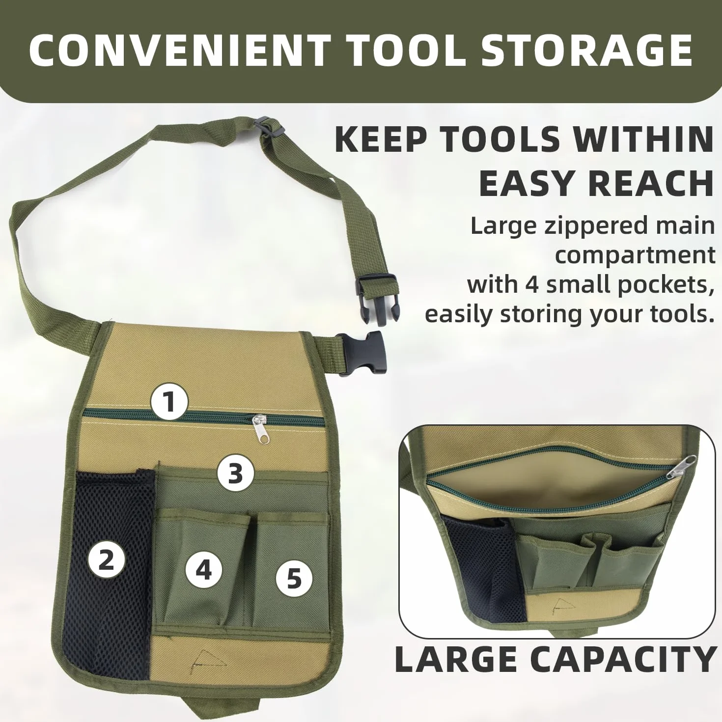 Cintura Porta Attrezzi Compatta con 5 Tasche Rimovibile e Regolabile per Elettricisti Falegnami Operai Edili Verde