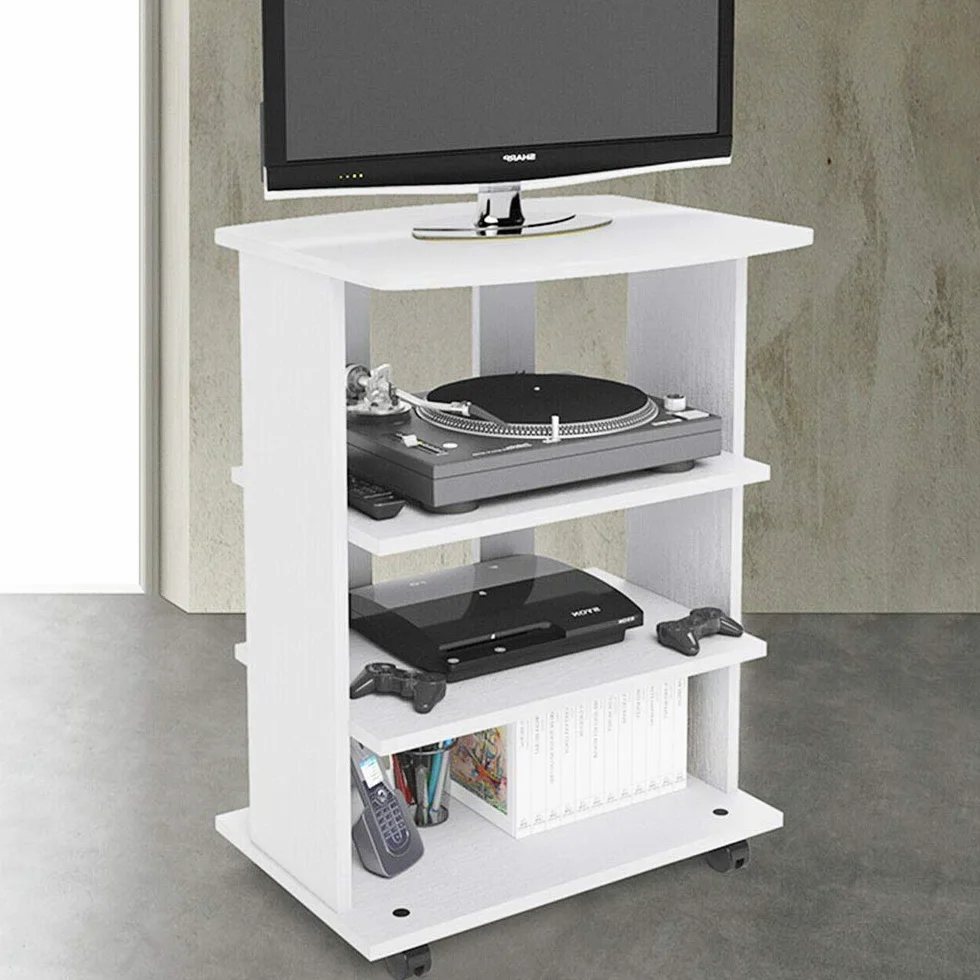 BAKAJI Mobile TV in Legno MDF con 3 Ripiani Porta Console Videogiochi DVD e 4 Ruote Mobiletto Carrello Porta Televisore Design Moderno Dimensione 60 x 45 x 80,5 cm (Bianco)