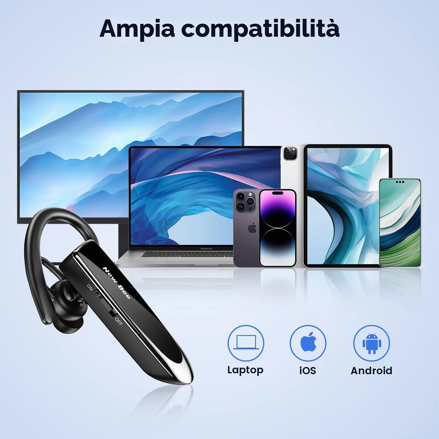 New Bee Auricolare Bluetooth V5.0 a mano libera auricolare Bluetooth con tecnologia di cattura vocale chiara Kit auricolare- invisibile per iPhone Samsung Huawei Sony ecc (nero)