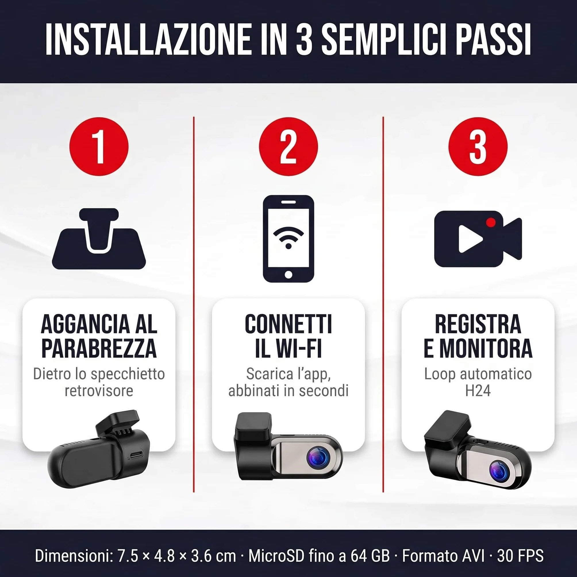 Dash Cam Auto mini Full HD 1080P – Videocamera Auto Grandangolare 120° con Visione Notturna, Monitoraggio Parcheggio 24h, Sensore G, Registrazione in Loop – Senza Schermo visione su cellulare