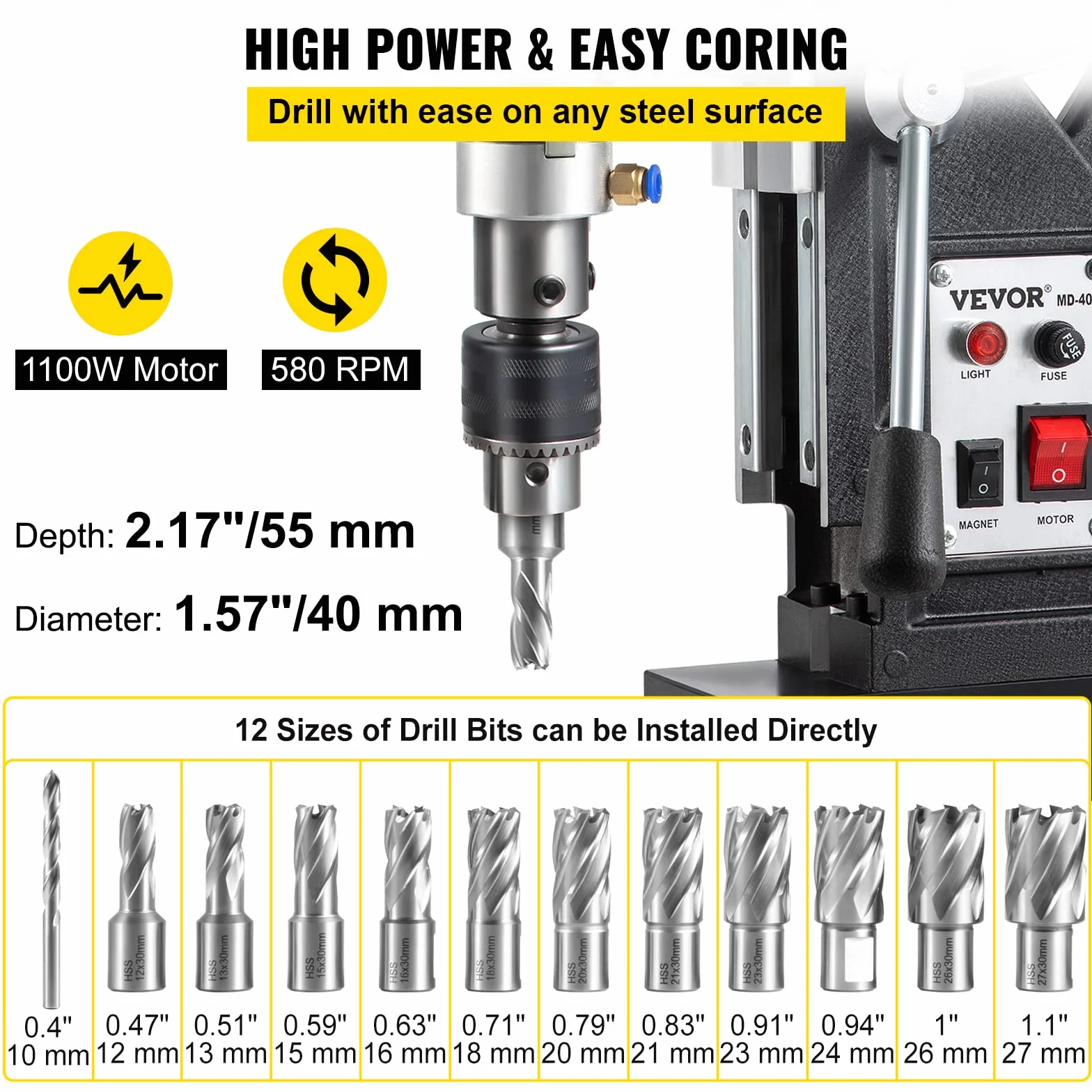 VEVOR Trapano Magnetico Elettrico 1100W 12000N Carotatrice Magnetica 12 Punte Foratura 40 mm Profondità 150 mm