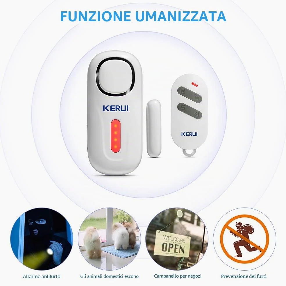 KERUI Allarme Casa Senza Fili D2, 4 Zone Sistemi di Sicurezza Domestica con 2 Sensore Movimento,1 Allarme Porta 4 Sensori Porta 1 Telecomando, 120dB Sensori Allarme Porte e Finestre per Casa Garage