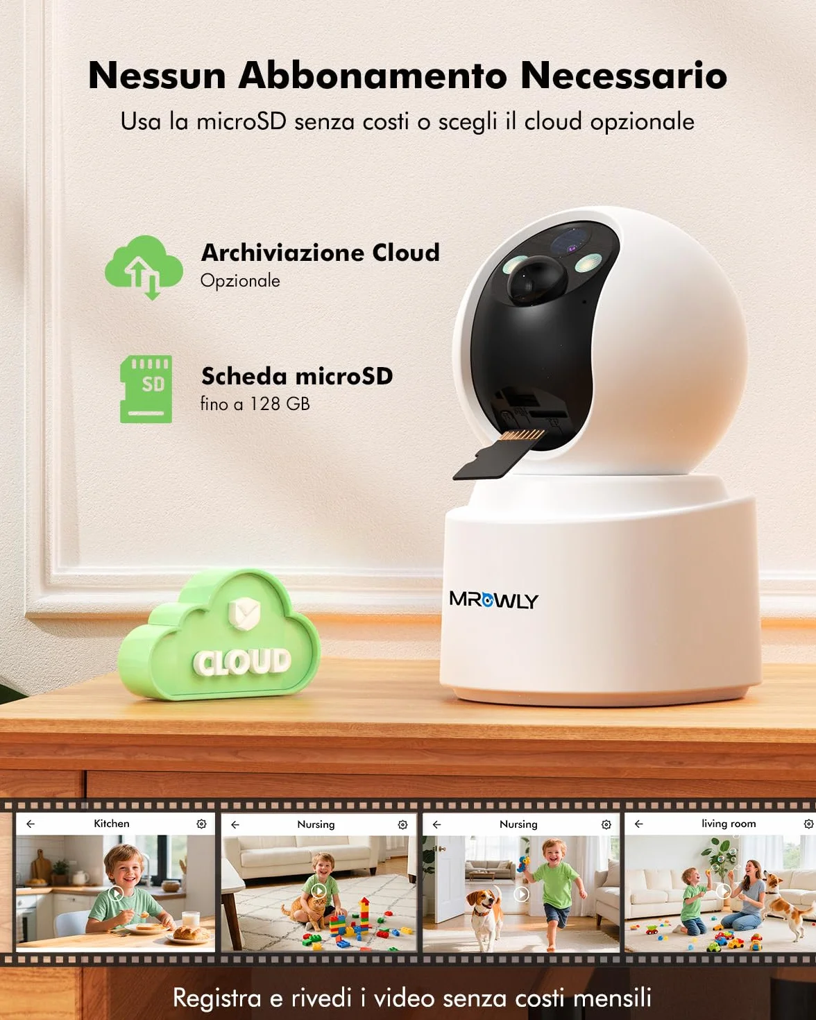 4MP 2,5K Telecamera WiFi Interno Senza Fili con Batteria 6000mAh, Rotazione 360°, Wi-Fi Dual Band 2,4/5 GHz, Rilevamento PIR, Visione Notturna a Colori, Audio Bidirezionale, Senza Forare