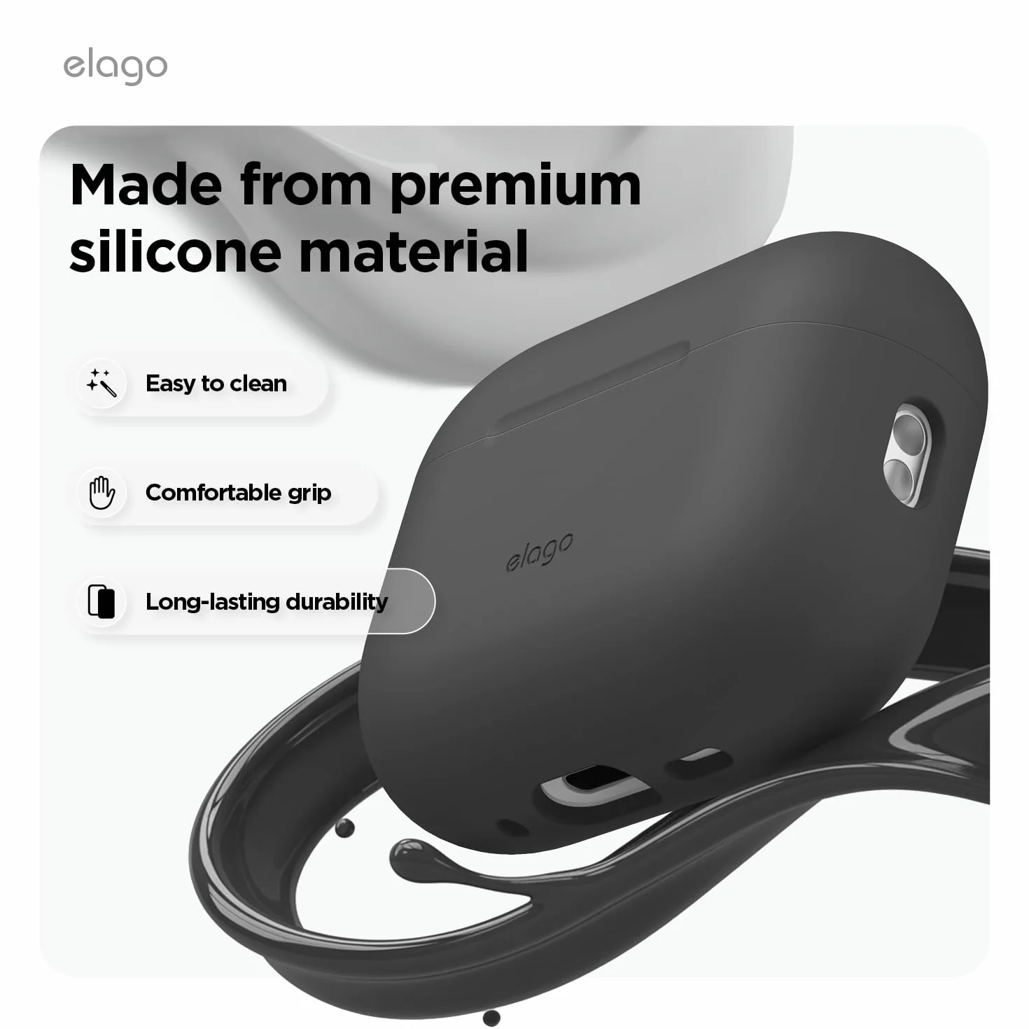 elago Custodia in Silicone Premium per AirPods Pro 3, Compatibile con Ricarica Wireless, Morbido, Protezione Totale, LED Frontale Visibile, con Moschettone (Nero)