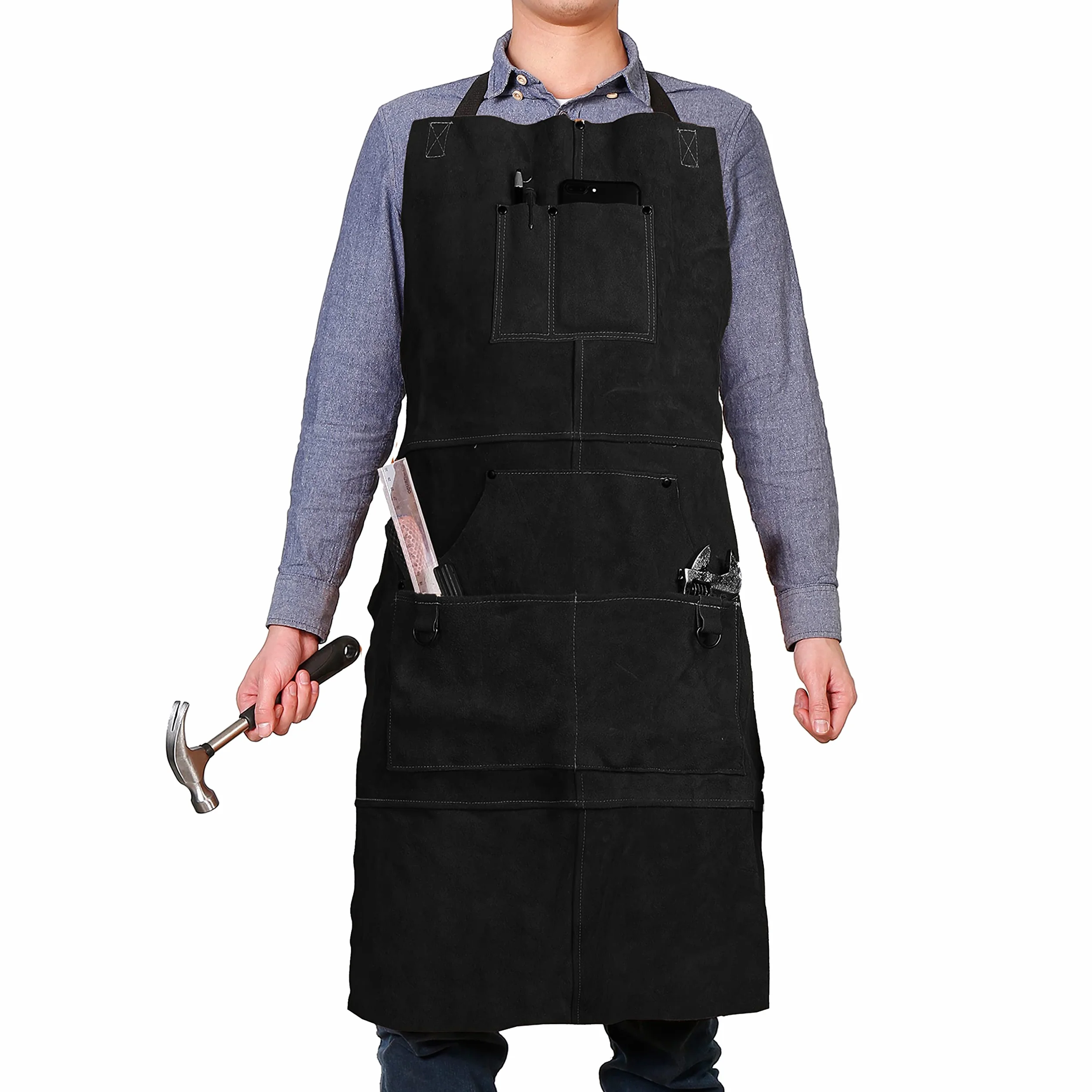 QeeLink Grembiule Saldatore in Pelle con 6 Tasche, Grembiule da Lavoro Resistente al Calore e Alle Fiamme, Regolabile da M a XXXL