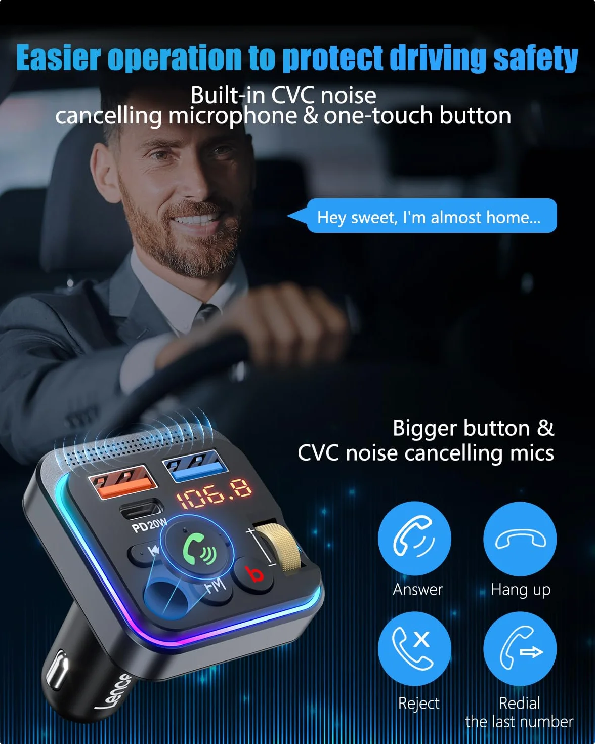 LENCENT Trasmettitore Bluetooth 5.0 per Auto, Musica Bluetooth Auto con Bassi Profondi e Suono Hi-Fi lossless, Ricarica Rapida Tipo-C PD 20W e QC3.0 18W, Supporto Disco U