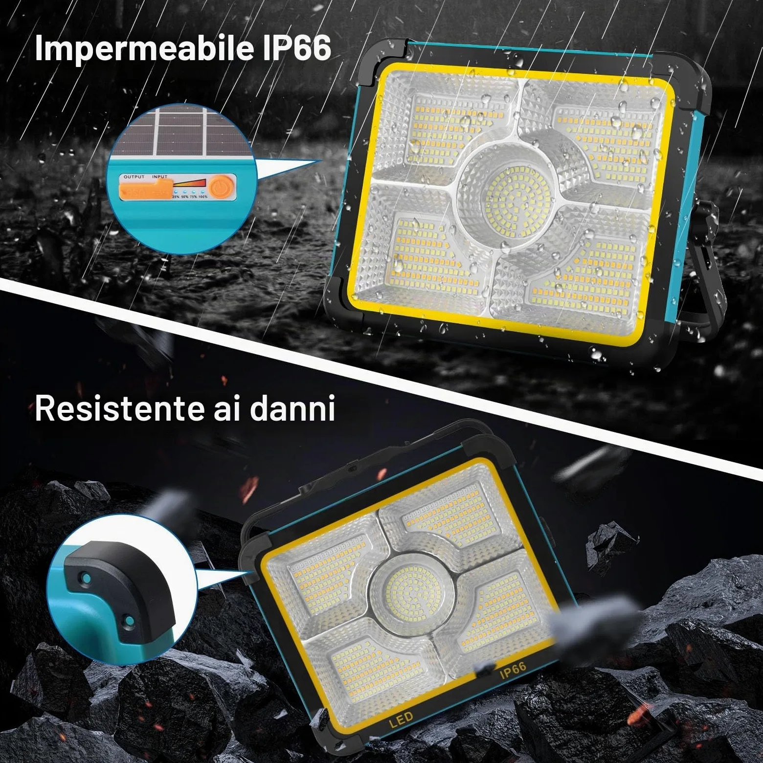ERAY 100W Faro LED Ricaricabile Batteria da 12000mAh | 5 Modalità, 480 Perle LED, Pannello Solare, Faretto LED da Cantiere per Emergenza, Campeggio, Riparazione, Garage, Esterni