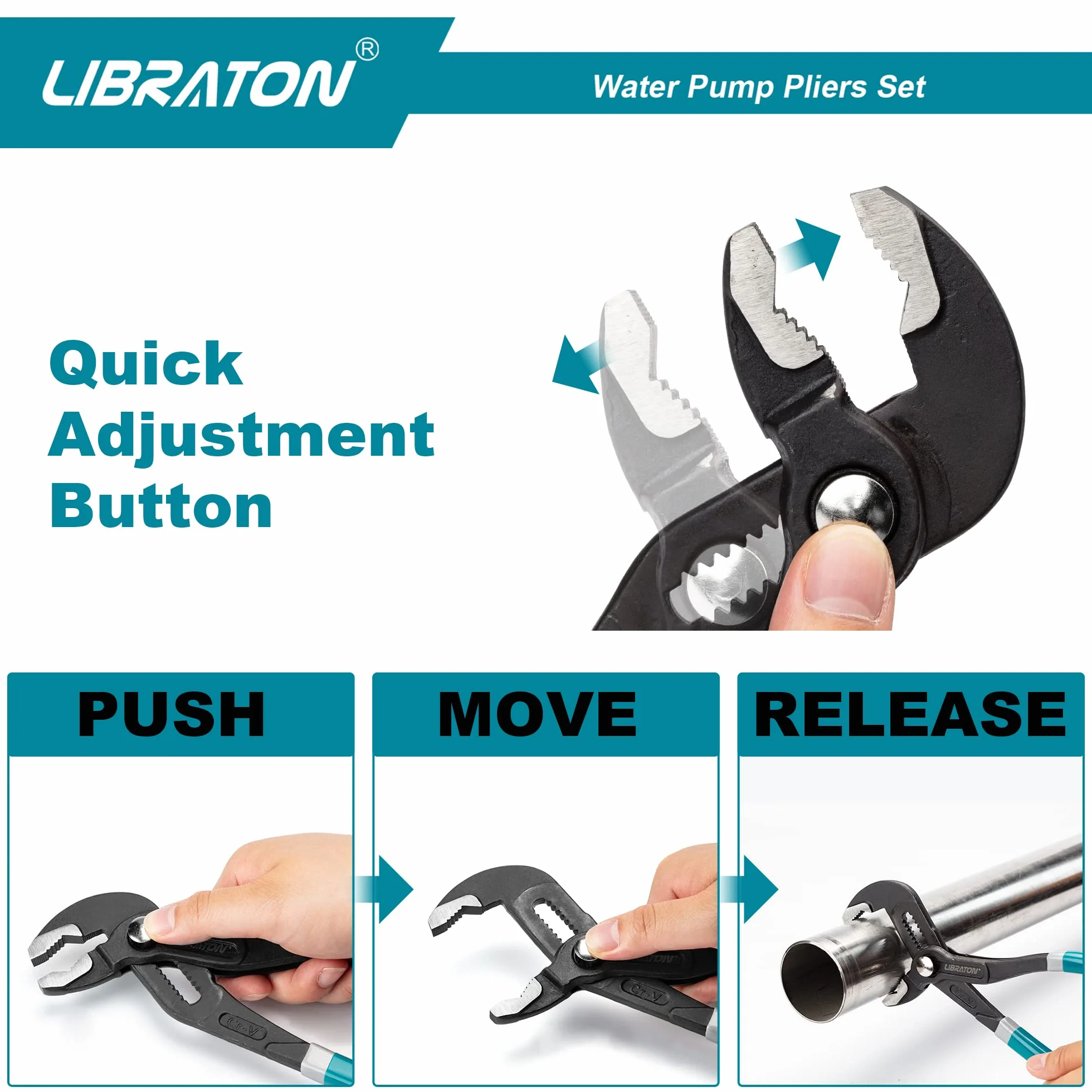 Libraton Set pinze per pompa dell'acqua in acciaio Cr-V 3 pezzi regolazione rapida