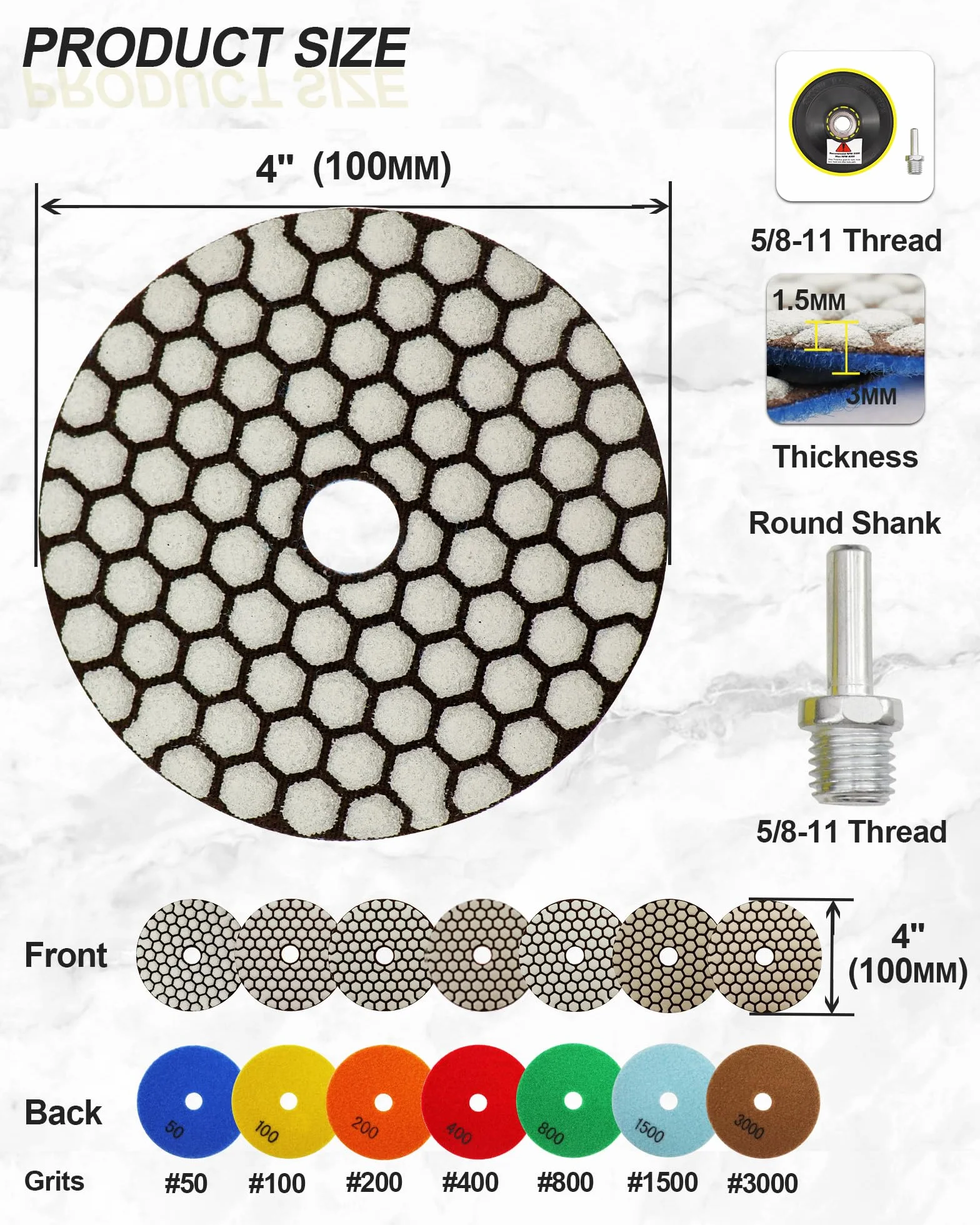 Diamantato Tamponi di Lucidatura Secco - 100mm 8pezzi Grana 50x3/100x3/200x2 con M14 Platorello+Adattatore per Granito Marmo Pietra Artificiale Quarzo per Smerigliatrice Angolare SANLEETEK