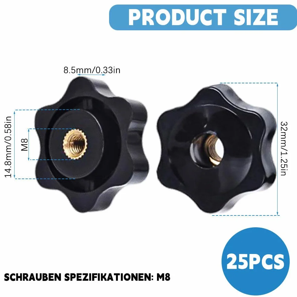 Dado Di Serraggio Nero M8 32mm Manopola di Bloccaggio con Filettatura Femmina 25 Pezzi