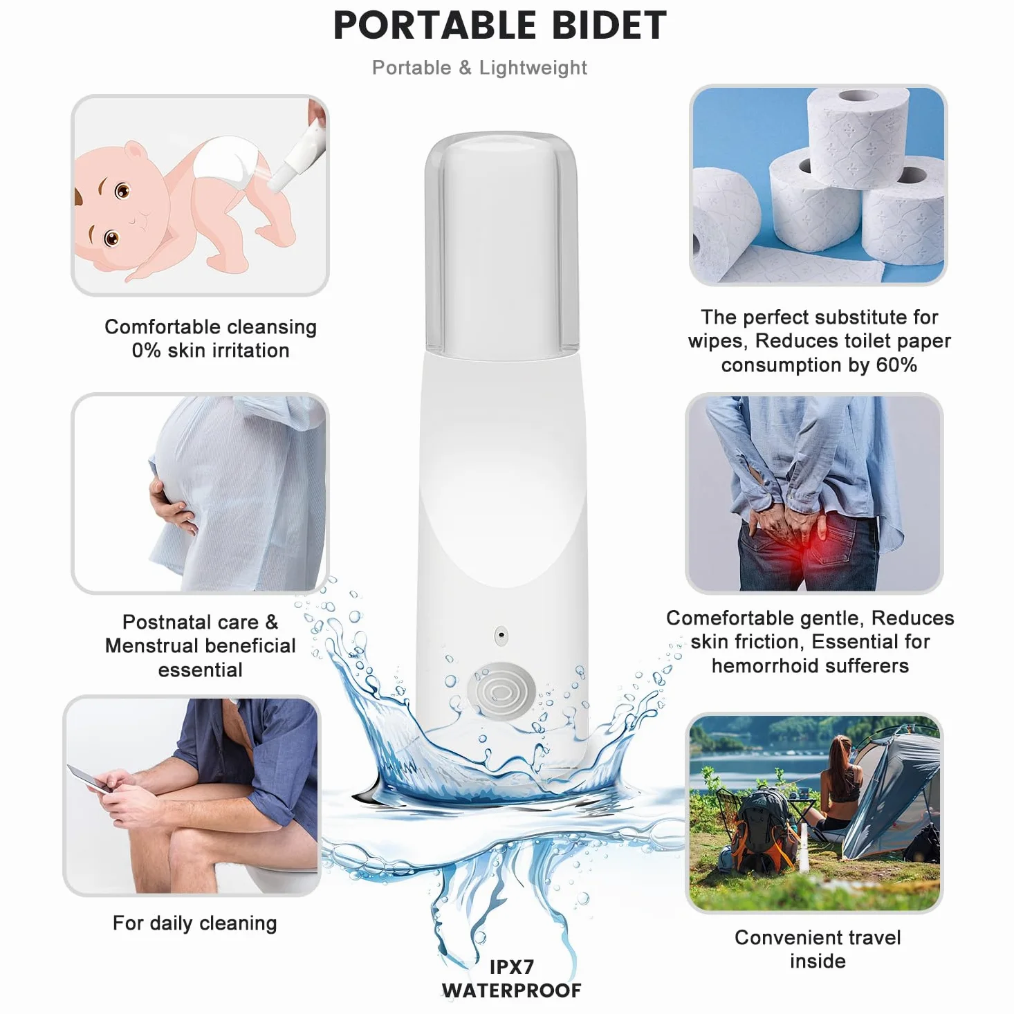 Bidet portatile da viaggio per donne/uomini, con 3 opzioni di pressione, USB C, spruzzatore elettrico ad alta pressione bidet per igiene personale, pulizia lenitiva post-partum/cura delle emorroidi