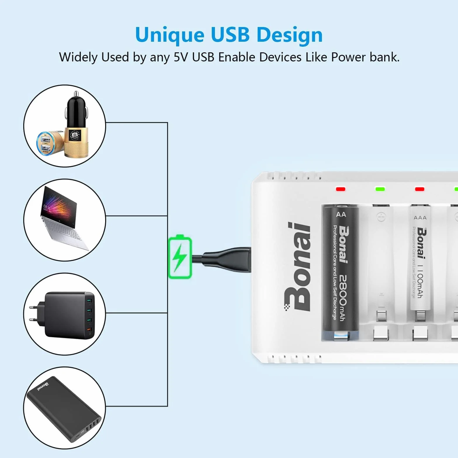 BONAI Caricabatterie Pile Ricaricabili AA AAA con Indicatori LED, Carica Batterie 8 Slot Indipendenti per Ni-MH, Caricatore Intelligente con Ingresso USB per Pile Stilo e Ministilo