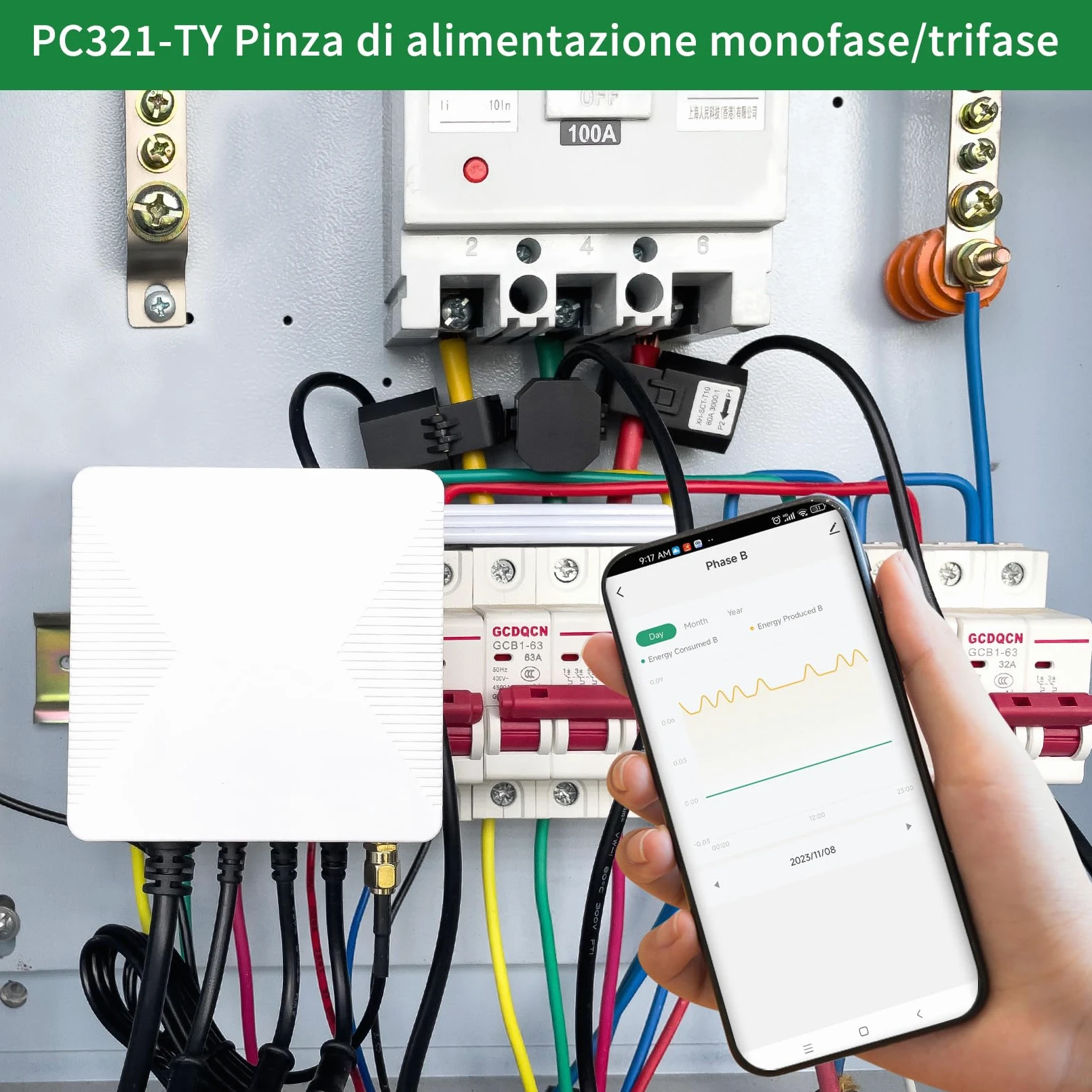 OWON Tuya Smart Home - Monitor di energia Wi-Fi a 3 fasi, misuratore di potenza bidirezionale a 1 o 3 fasi con 3 morsetti da 120A, misurazione solare/netta, misuratore di energia elettrica in tempo