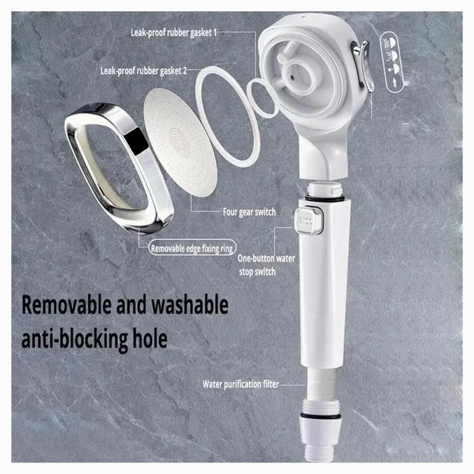 Soffione doccia ad alta pressione con risparmio idrico, 3 modalità di soffione doccia, arresto acqua con un solo tasto regolabile(Black with hose)