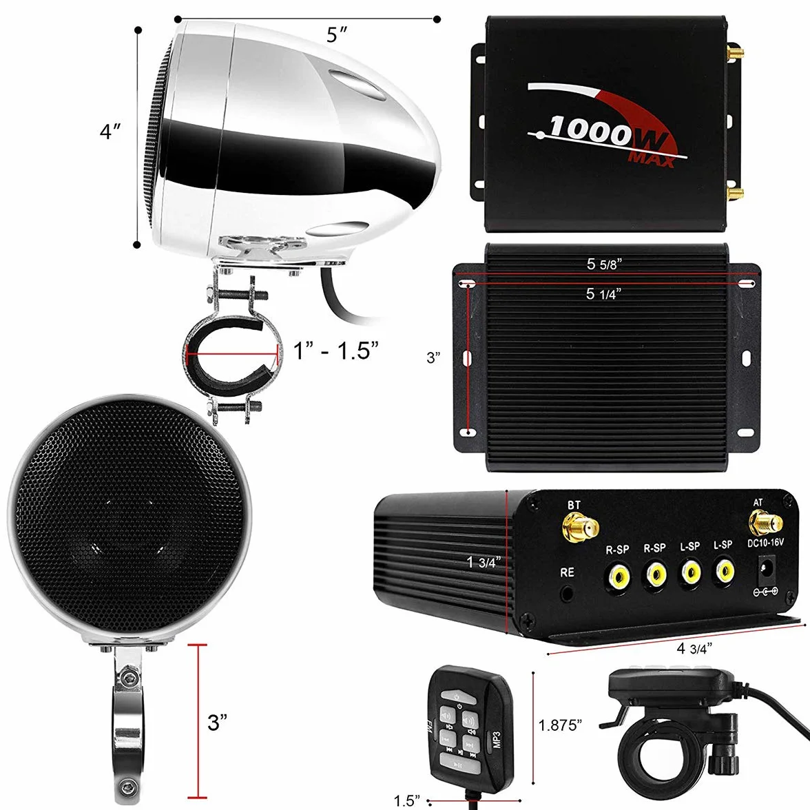 Amplificatore moto 1000 W, 4 canali, impermeabile, Bluetooth, per Harley Cruiser ATV UTV, sistema audio con AUX, USB, SD, FM Radio per manubrio