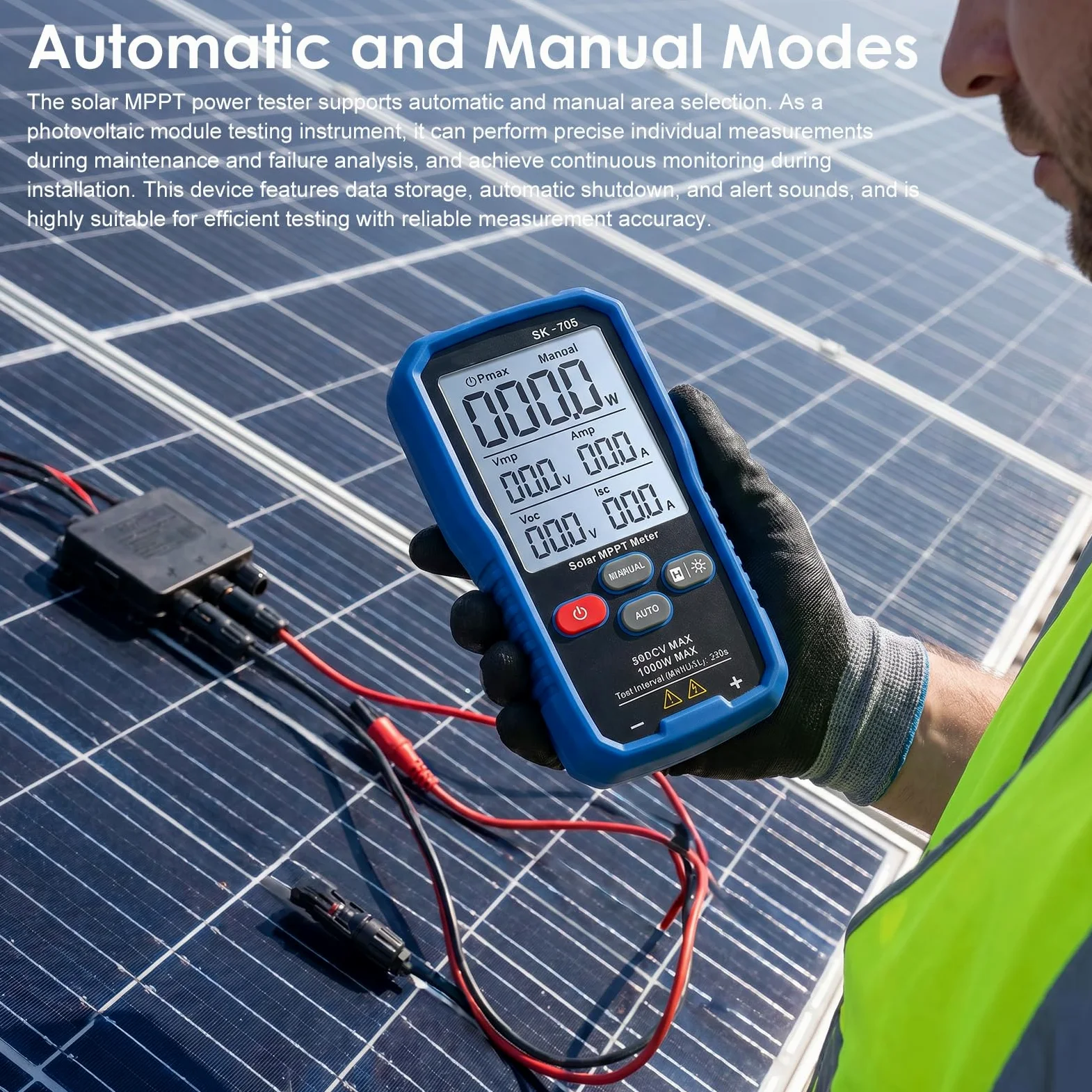 SK-705 Solar MPPT 1000 W Tester di potenza per moduli fotovoltaici, tester PV portatile con LCD da 3,2", misurazione automatica e manuale, Voc Isc Vmp Pmax