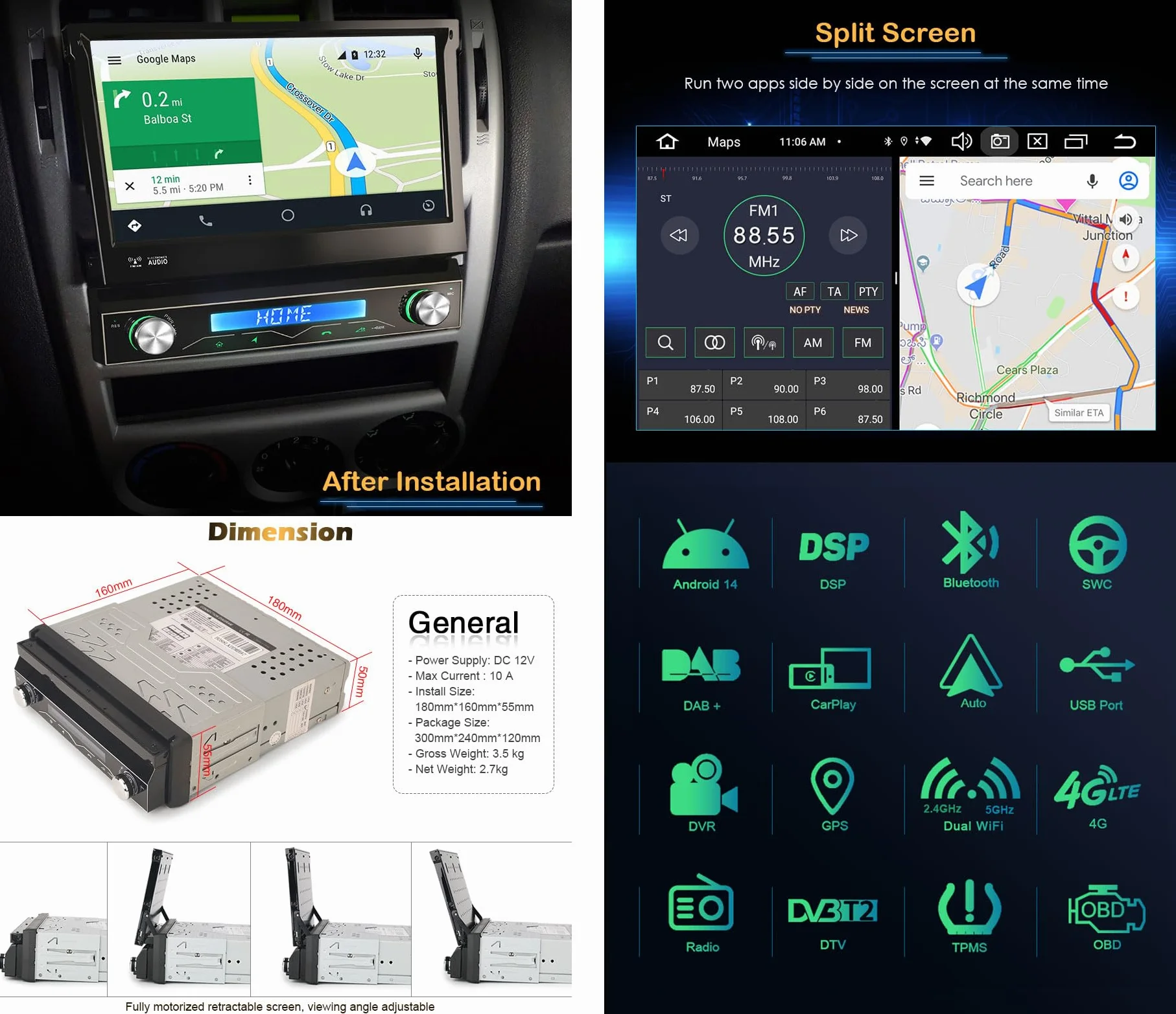 8-Core Android 12 Autoradio 1 Din GPS Navigatore con Schermo Motorizzato Wireless Carplay Android Auto Bluetooth WiFi DSP DAB+ RDS OBD2 TPMS 4GB RAM+64GB ROM, ES8568U