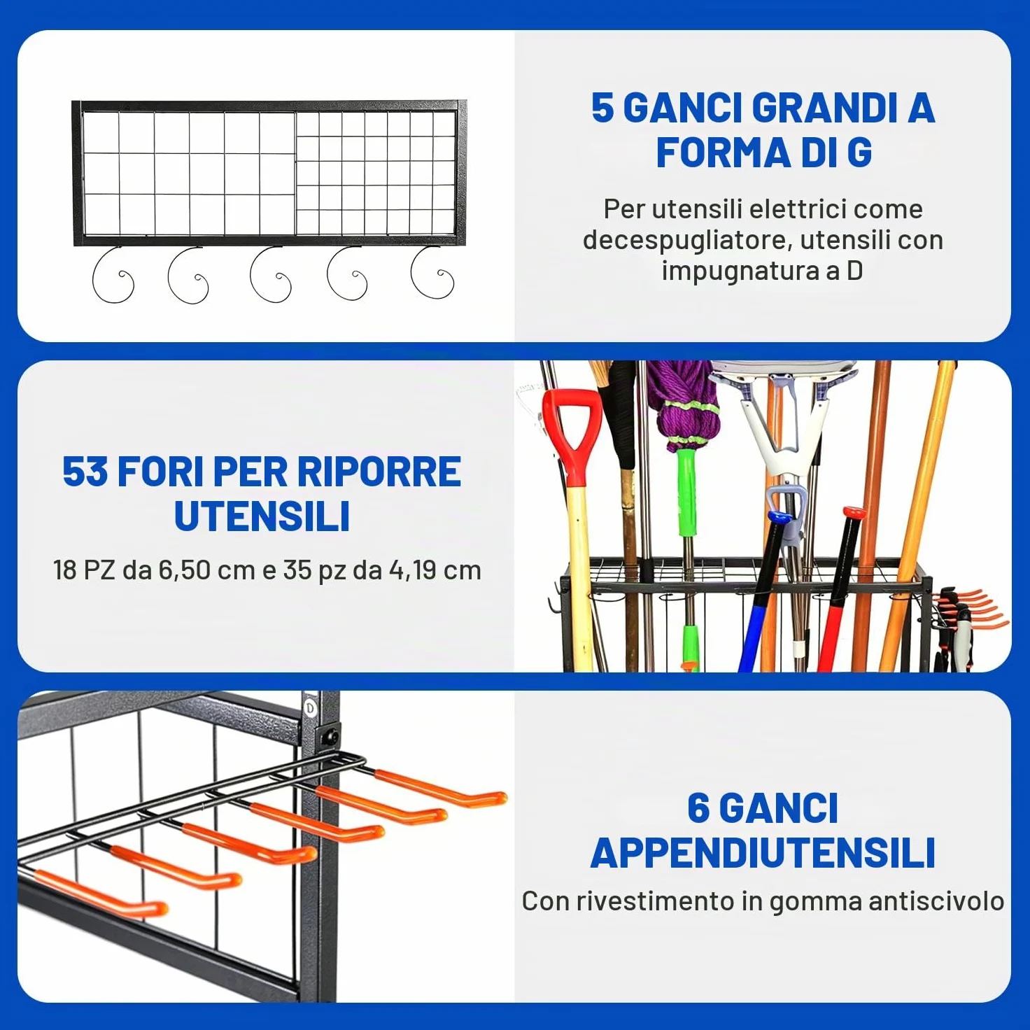 Sinoer Scaffale per attrezzi da giardino con ganci e ruote, organizer per garage, ripiani in metallo a 3 livelli, supporto per prato, capannone e cortile