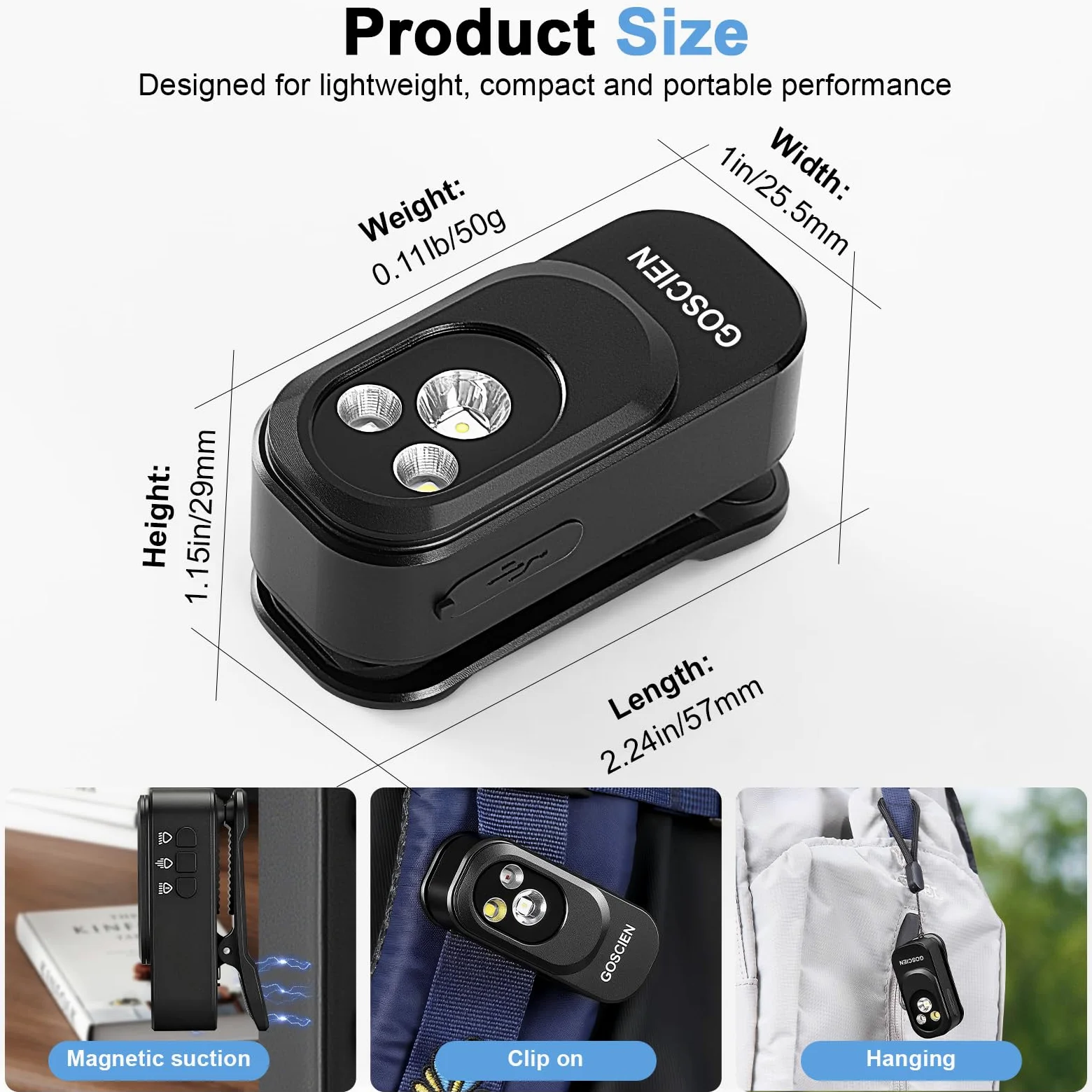 Pro Mini Torcia LED 500 LM con Idrorepellente IPX6, EDC Ricaricabile con Tre Soluzioni di Illuminazione, Caricamento USB C Magnetico - Per Ciclismo,Uso Esterno e Interno (Nero)