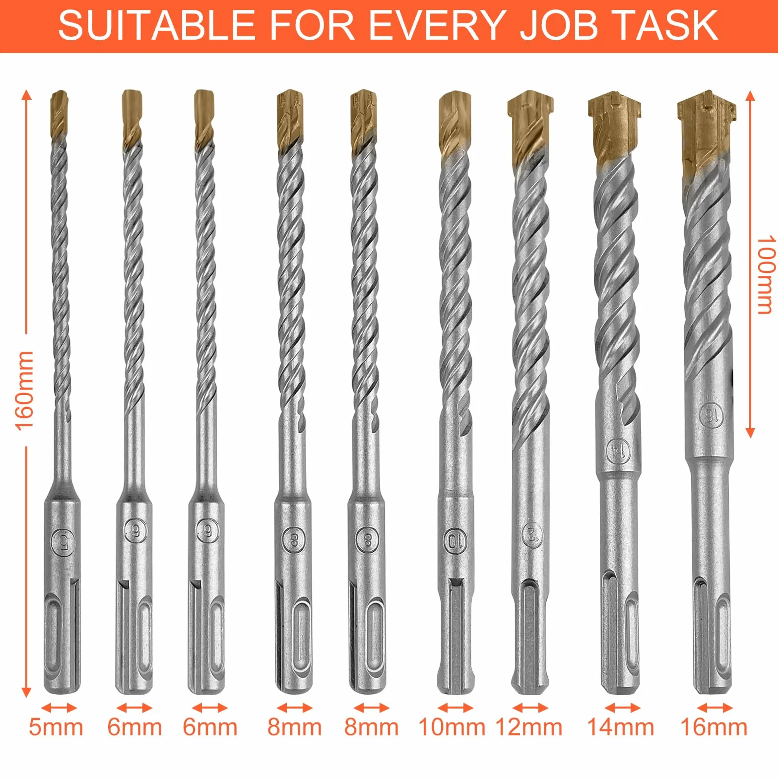 Rseuphiee Set Punte Trapano a Percussione SDS Plus, 9 Pezzi, 4 Taglienti, 5-16 x 160 mm, per Calcestruzzo Mattoni Cemento Pietra
