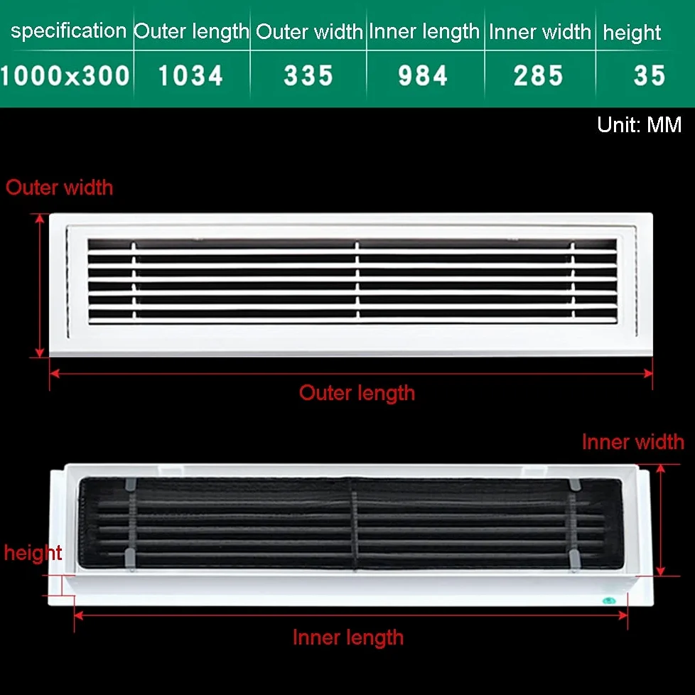 Griglie di ventilazione, in ABS, per aria condizionata e uscita dell'aria, 1 pezzo (griglie di ventilazione 1000 x 300 mm)