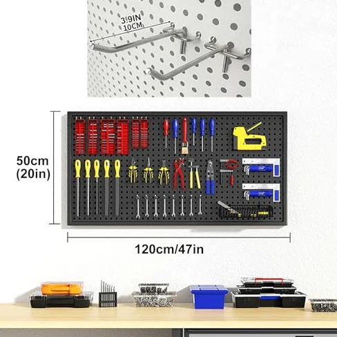 Pannello Forato in Metallo con Ganci per Attrezzi - 120x50 cm (47x20 Pollici) - Soluzione Versatile per riporre Gli Attrezzi in Garage, Resistenti Pannelli forati per Attrezzi e Accessori -