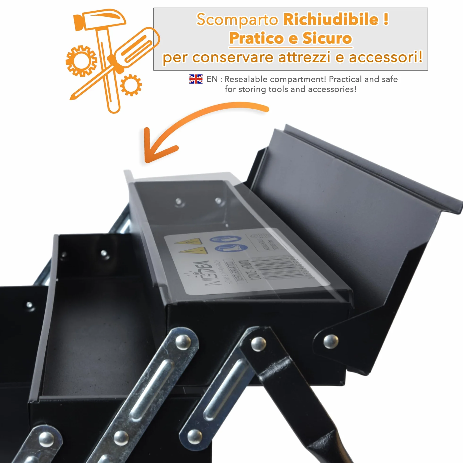 Valigetta porta attrezzi in metallo 5 scomparti acciaio nero opaco professionale 470x300x200 mm