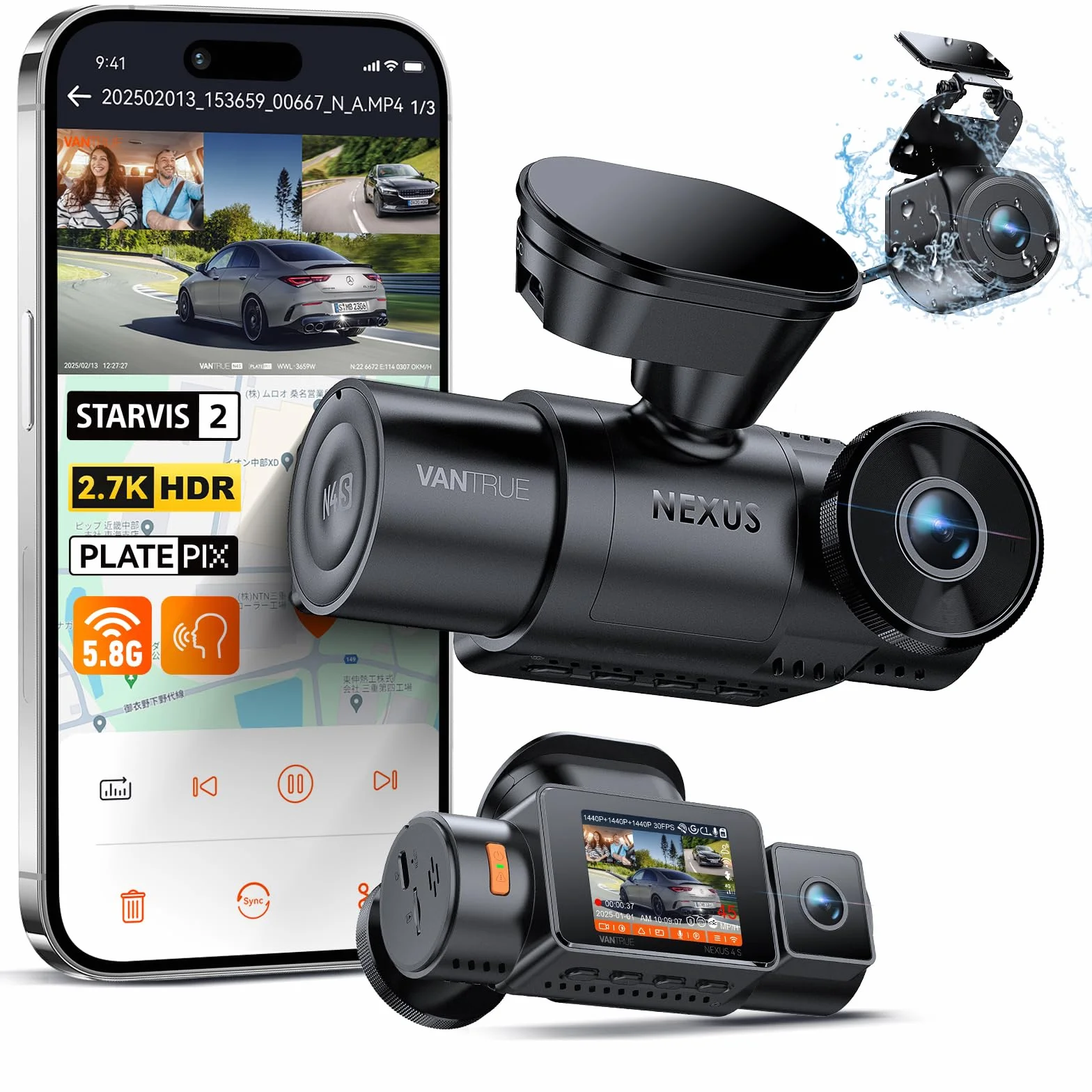 VANTRUE N4S Tripla Dashcam Auto 2.7K+2.5K+2.5K Anteriore Interno Posteriore, 5GHz WiFi GPS Camera Infrarosso, 3 Canuax HDR 360 Gradi, Controllo Vocale Francese, 10s Pre-Registrazione, Max 1 TB