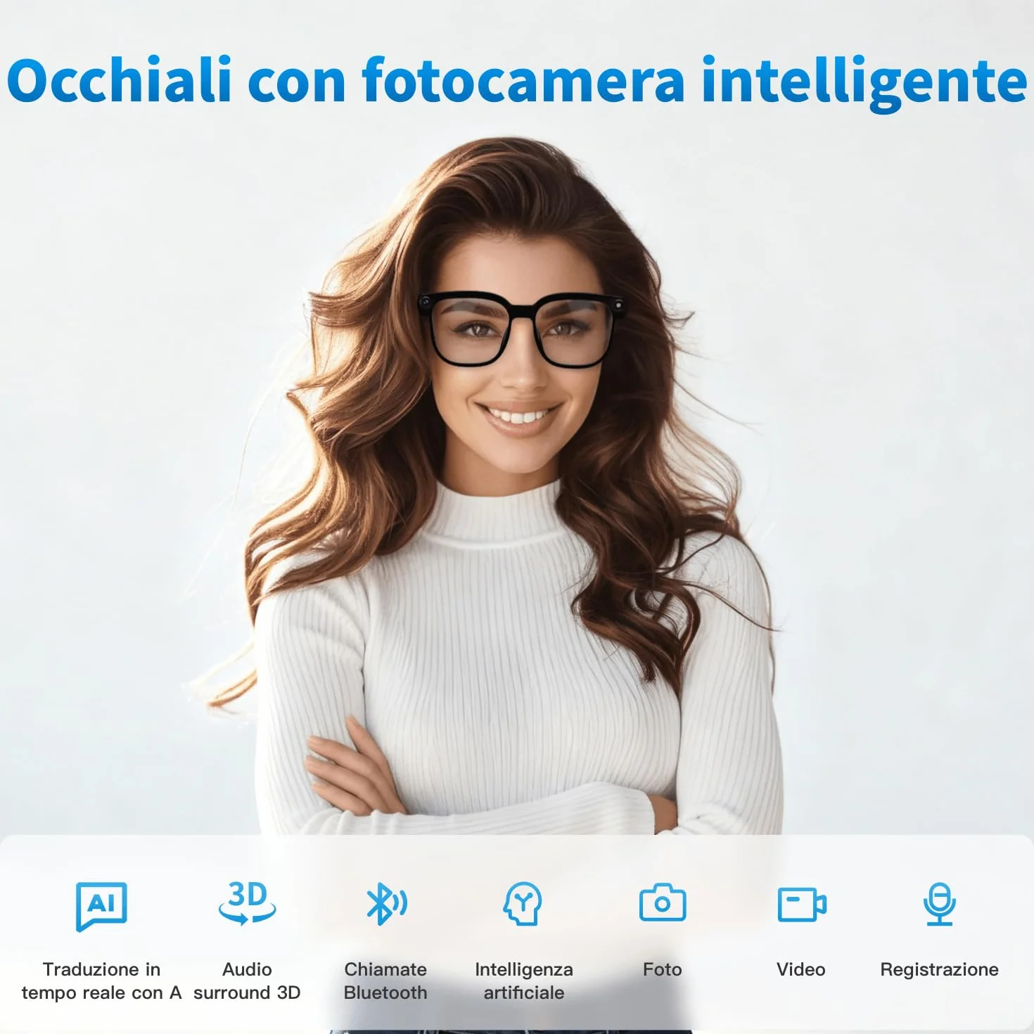 Occhiali intelligenti da 32 GB con intelligenza artificiale, dotati di fotocamera 4K con stabilizzazione dell'immagine, registrazione video e traduzione in tempo reale, lenti fotocromatiche