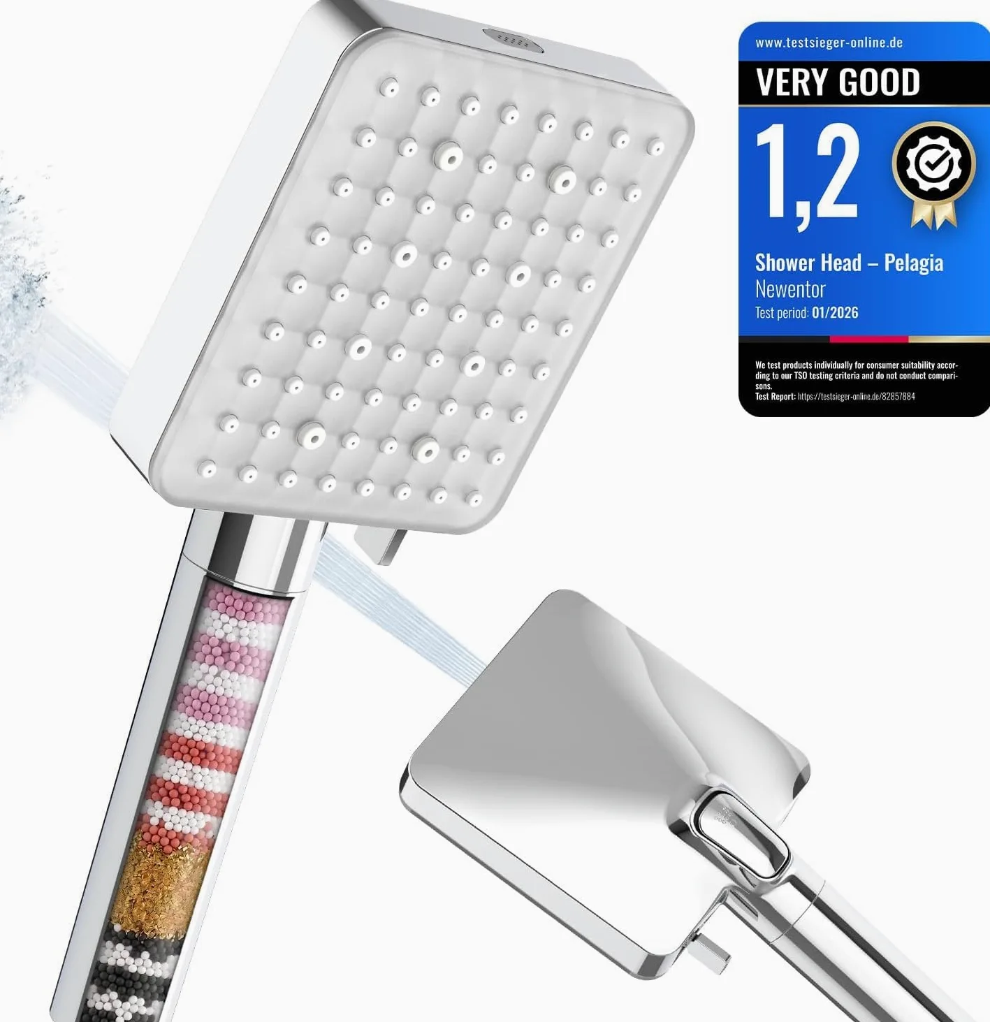 Newentor Soffione doccia a pioggia [vincitore del test], soffione doccia rettangolare con funzione filtro e pistola a spruzzo, soffione ad alta pressione per risparmiare acqua, doccetta con 6 tipi di