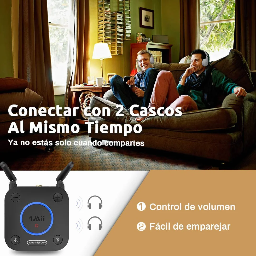 1Mii Trasmettitore Bluetooth 5.2 per TV a 2 Cuffie Bluetooth, Adattatore Audio Wireless TV con Controllo Volume, Ingresso Ottico, Coassiale, AUX, RCA, AptX Bassa Latenza, Lungo Raggio 60m