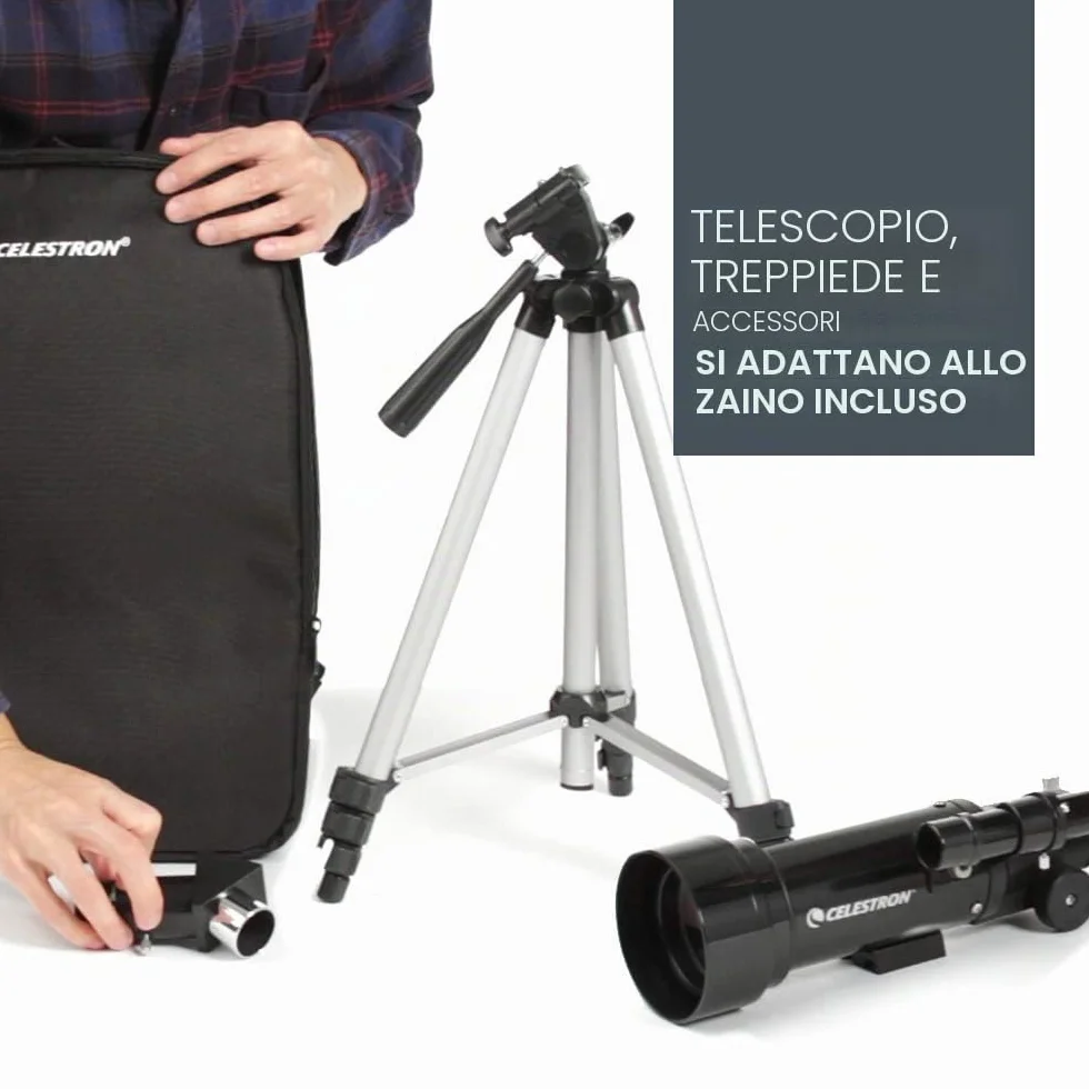 Celestron 21035-ADS Kit telescopio rifrattore da viaggio Scope 70 con zaino, nero (esclusiva Amazon con oculare aggiuntivo da 4 mm e lente di Barlow 3x)