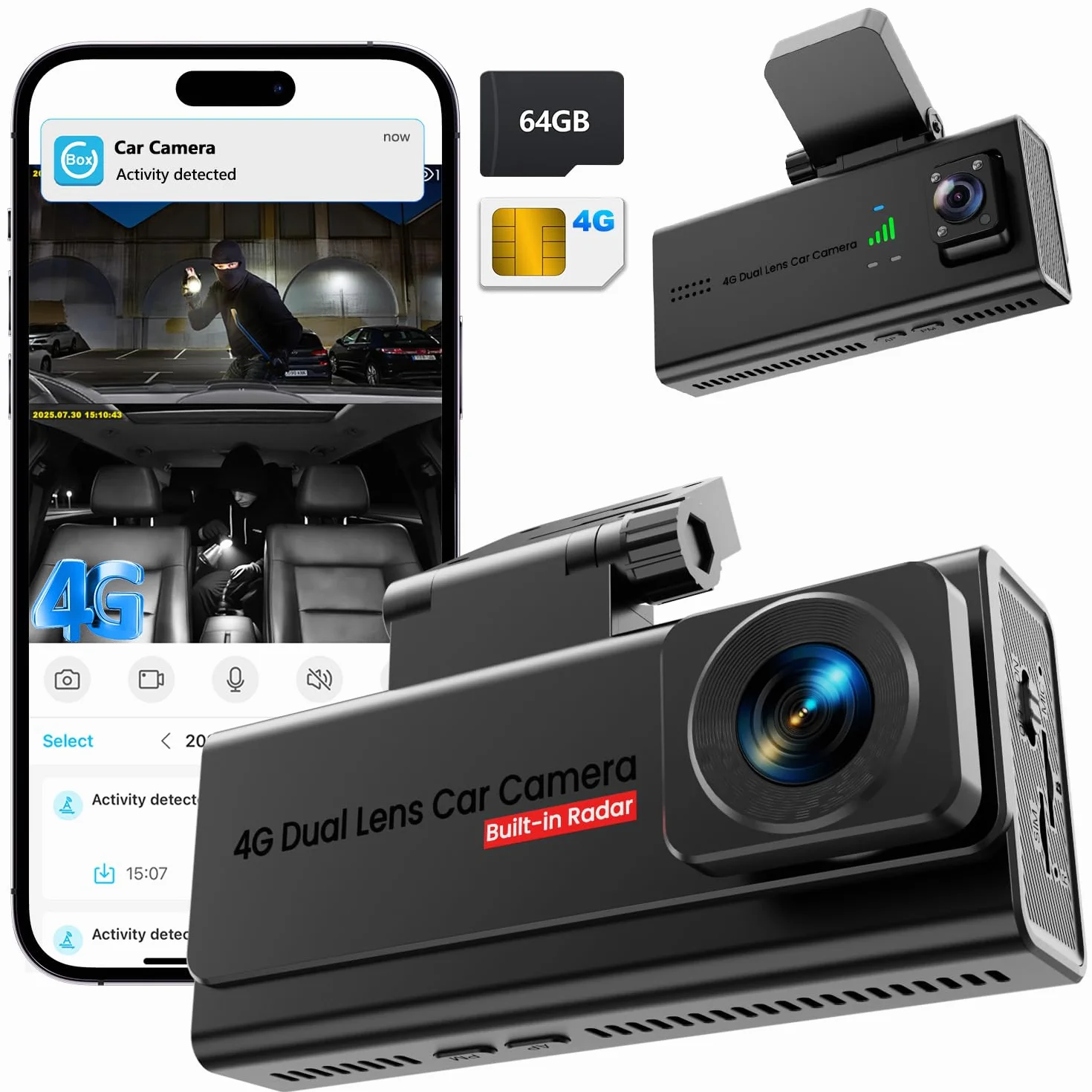 Dash Cam Auto 4G LTE con SIM, Doppia Telecamera per Auto Atti Vandalici, Parcheggio 24/7, Allerte Istantanei, Live-Video & Audio Bidirezionale, GPS, Cloud & SD, Anti-Furto per Flotte & Famiglie
