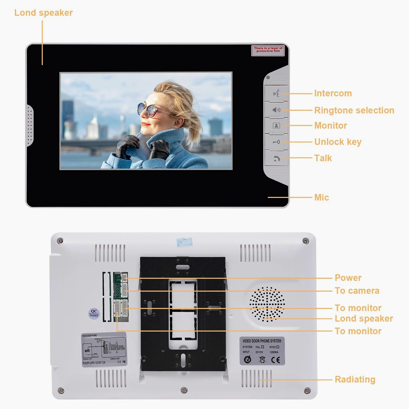 Videocitofono da 7" con videocitofono per porta di casa, monitor con fotocamera