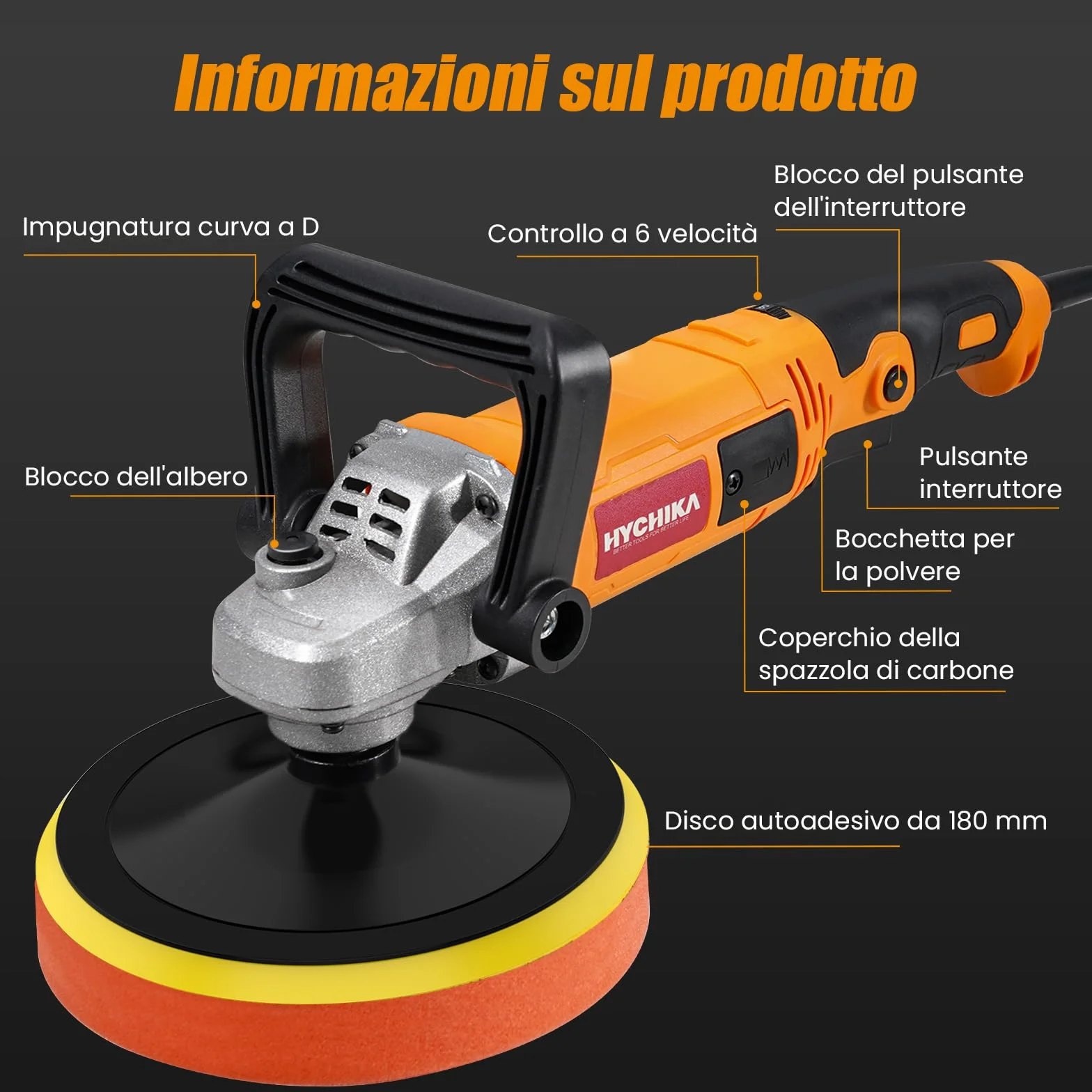 HYCHIKA Lucidatrice Auto 1580W, Controllo Variabile 6 Velocità, Motore Rame Puro, 180 mm