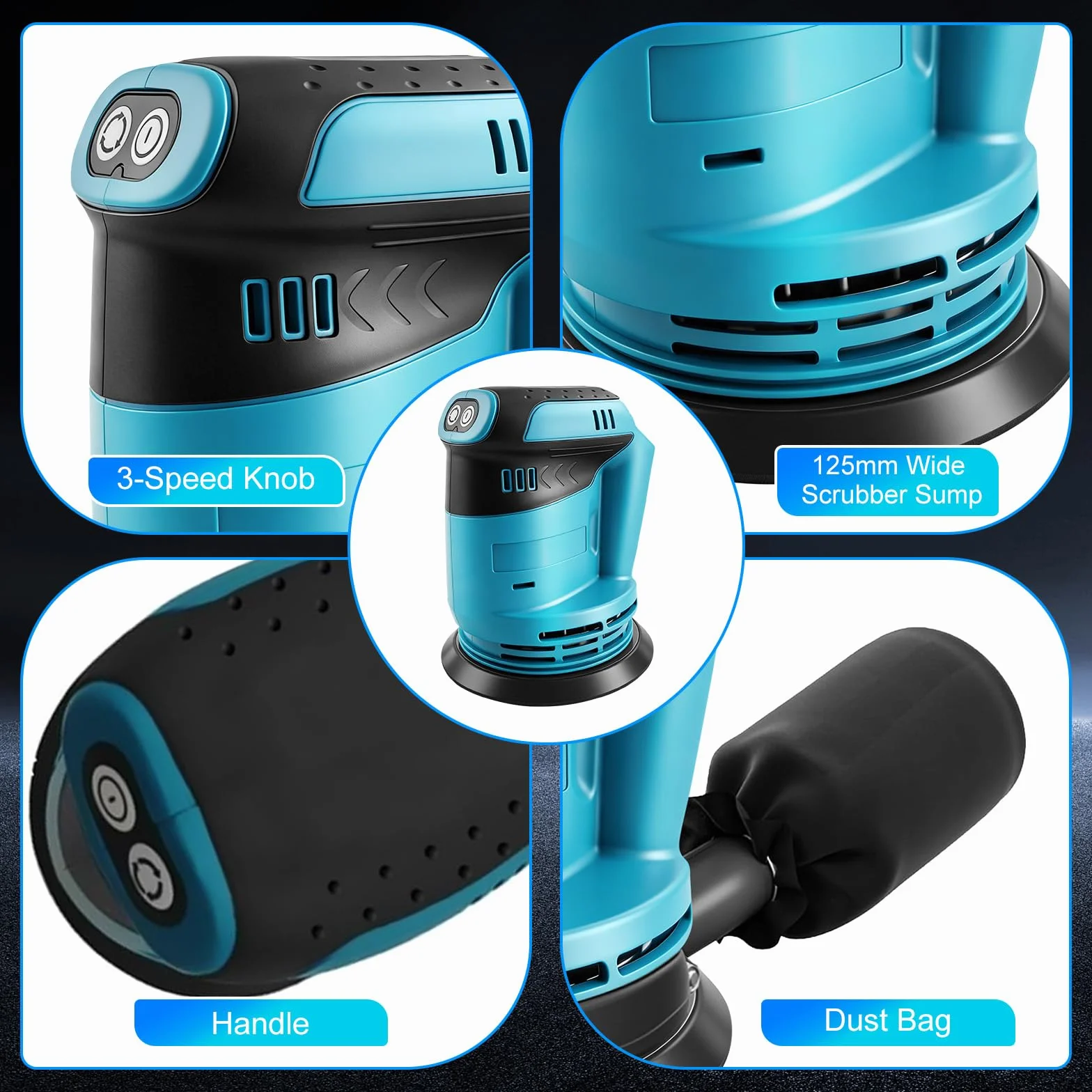 Levigatrice eccentrica per batteria Makita 18V, levigatrice a batteria da 125 mm, 3 velocità con contenitore per la raccolta della polvere e 20 fogli abrasivi (batterie non incluse)