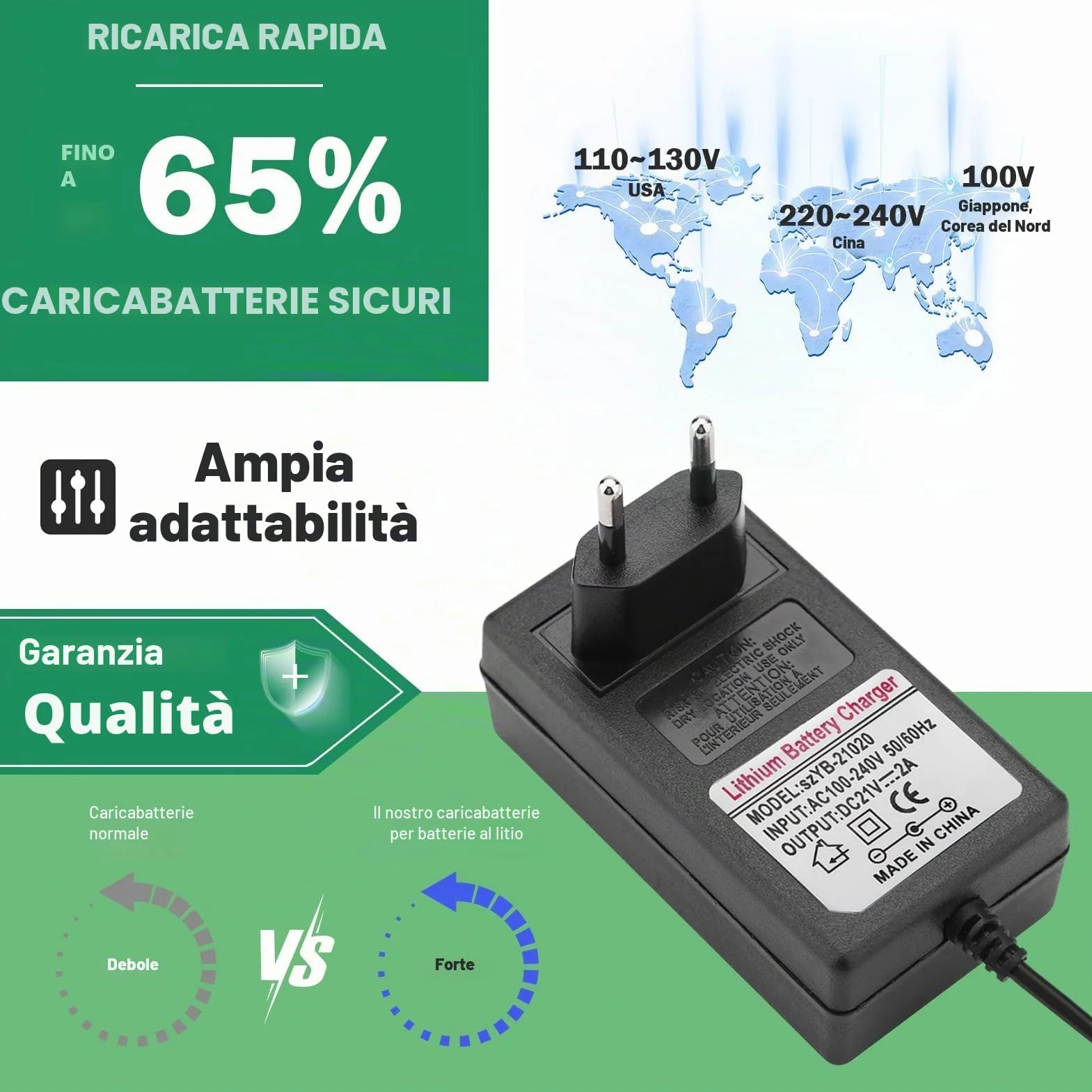 Adattatore di alimentazione a batteria agli ioni di litio, adattatore di alimentazione di ricarica di ricambio CA 100-240 V CC 21 V 2 A, caricatore adattatore professionale di protezione(EU)