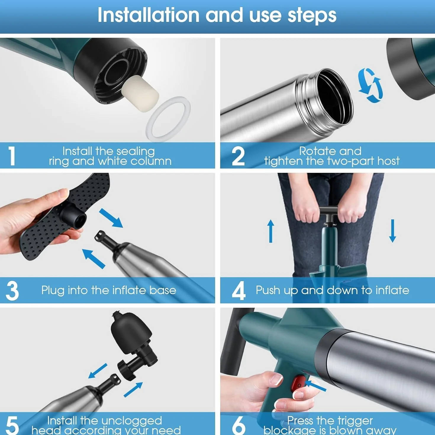 Stura WC Professionale, Pompa Scarichi a Pressione, Sturatubi Aria Compressa, 3 Ventose