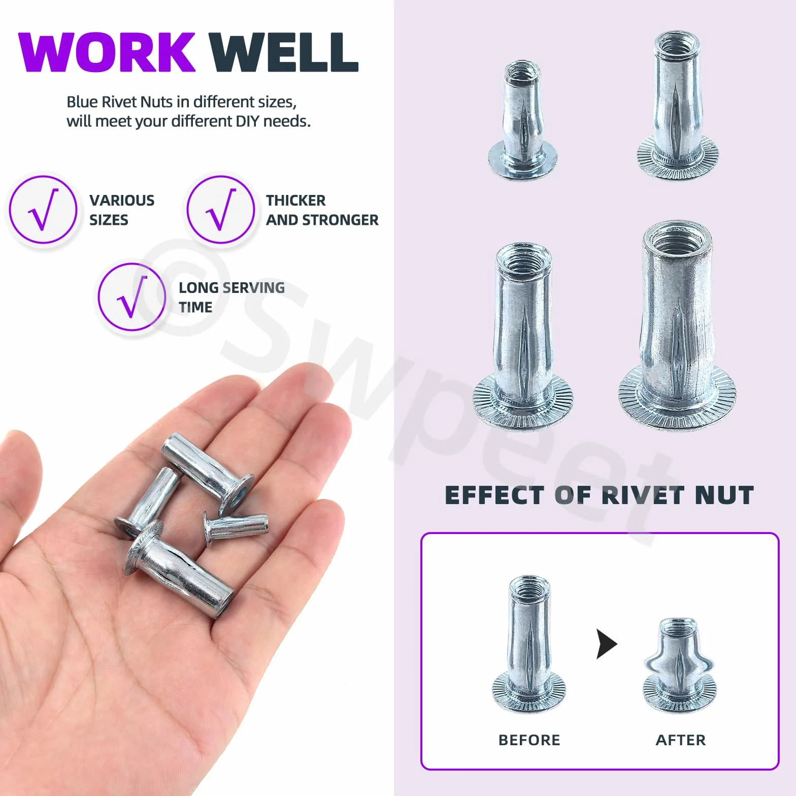 Swpeet Set di 20 dadi rivettati metrici M5 in acciaio al carbonio placcato zinco Kit rivetti Bulb Shank Testa piatta Inserto filettato