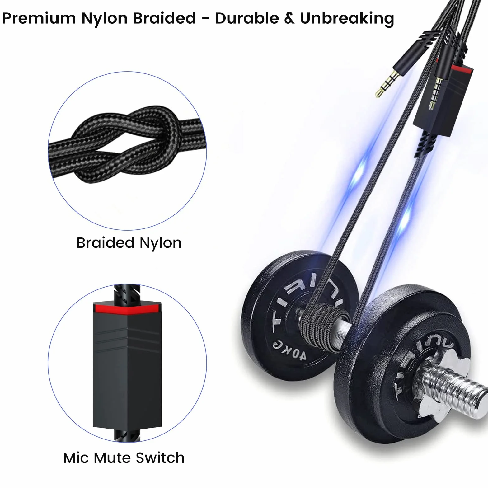 weishan Cavo di ricambio A40 per cuffie da gioco Astro A10 A40 TR, cavo audio staccabile intrecciato da 3,5 mm con interruttore muto microfono in linea, lungo 1,8 m