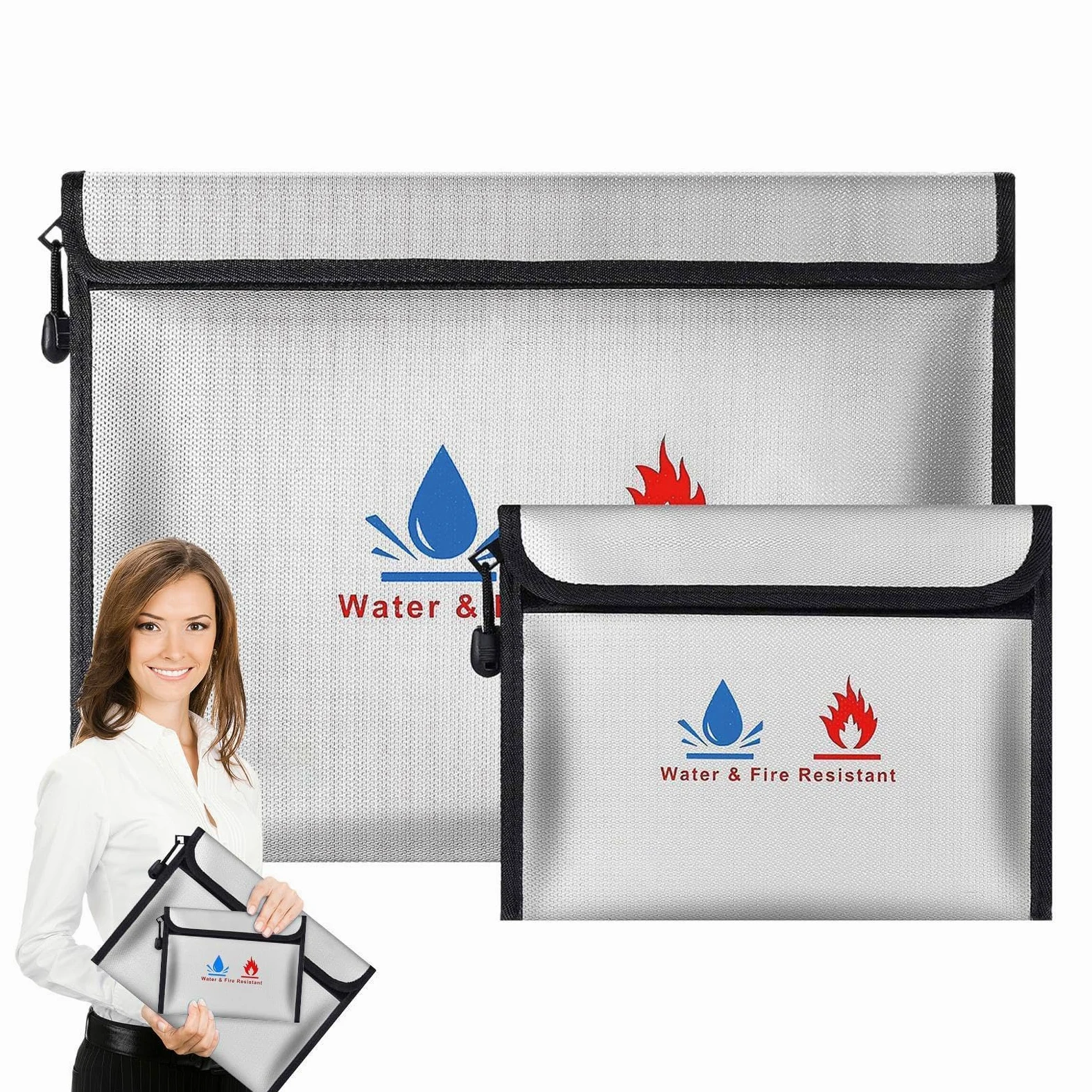 Borsa portadocumenti ignifuga in fibra di vetro siliconica e pellicola di alluminio in fibra di vetro | 38 x 28 cm grande e 23 x 18 cm piccola con protezione a doppio strato, borsa impermeabile per contanti, resistente al fuoco