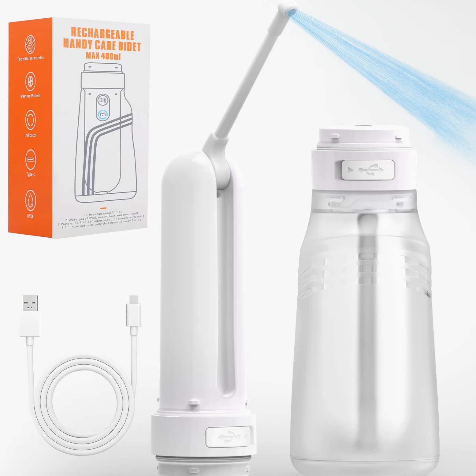Bidet portatile da viaggio con bottiglia da 400 ml, 3 modalità di pressione | Bidet elettrico ricaricabile da viaggio, spruzzatore portatile impermeabile per bidet per donne uomini pulizia del bambino